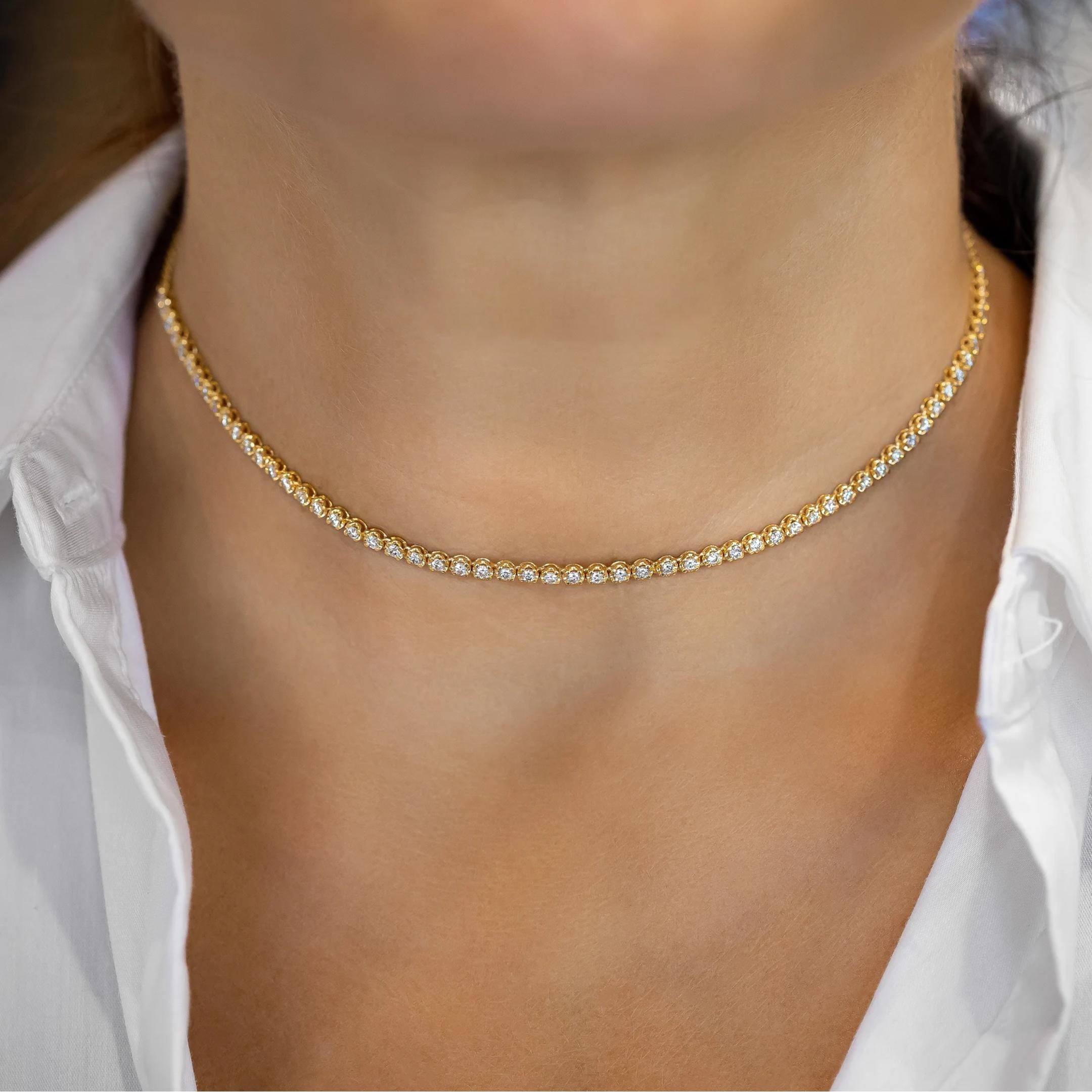 14K Gold Natural Diamond Tennis Choker Necklace with Adjustable Drawstring