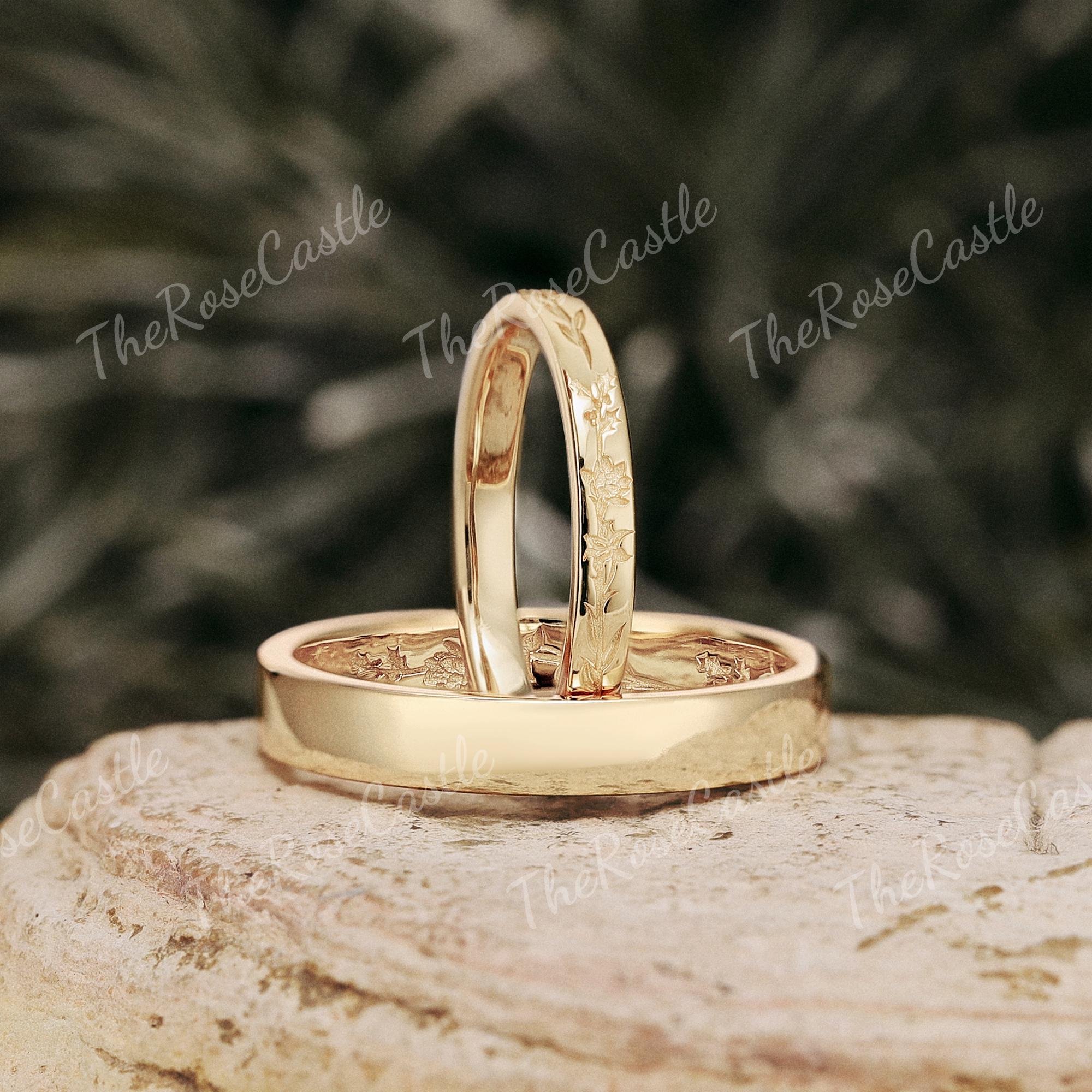 Floral Engraved Wedding Band Set, Matching Couple Bands