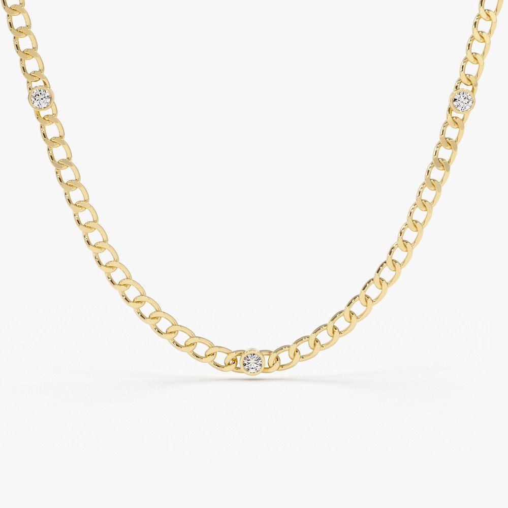 14K Gold Curb Link Chain Necklace with Bezel Set Solitaire Diamond