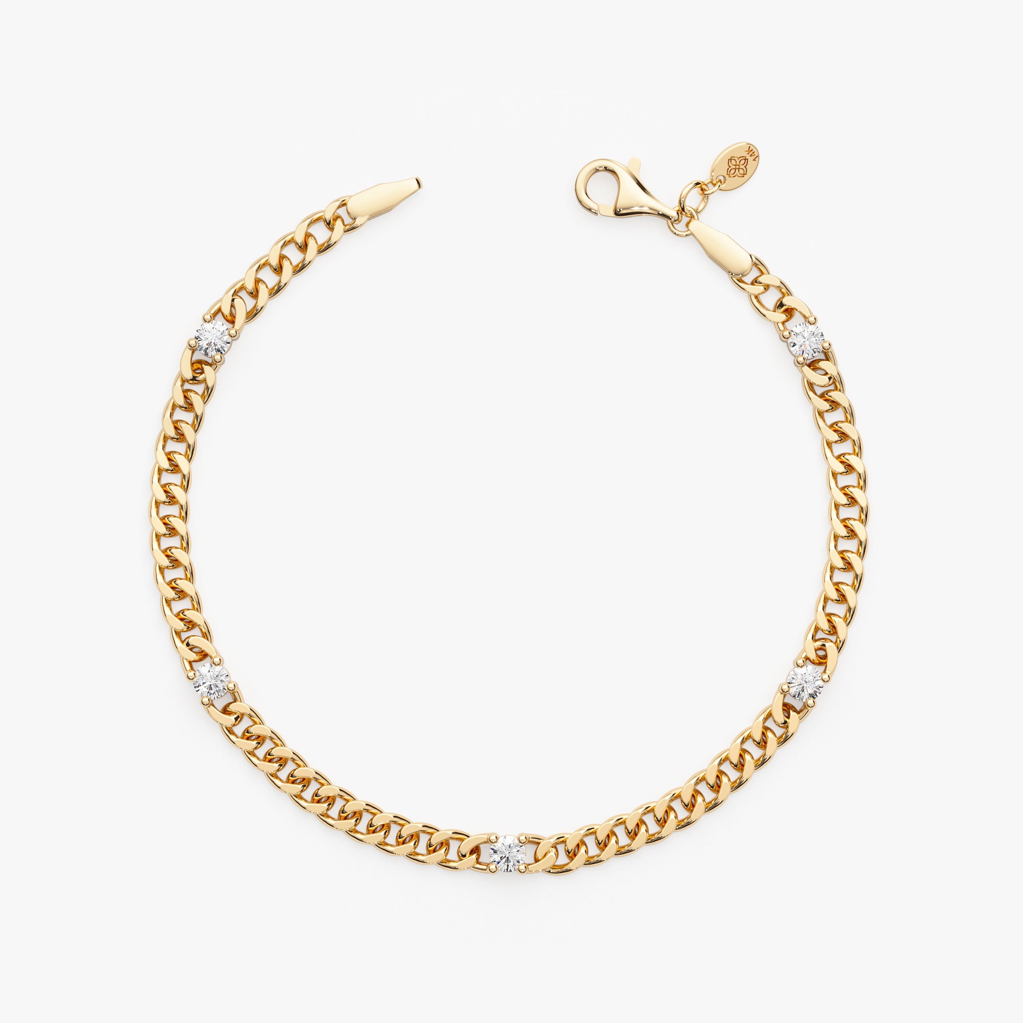 14K Gold Cuban Link Bracelet with Five Sectioned Natural Diamonds