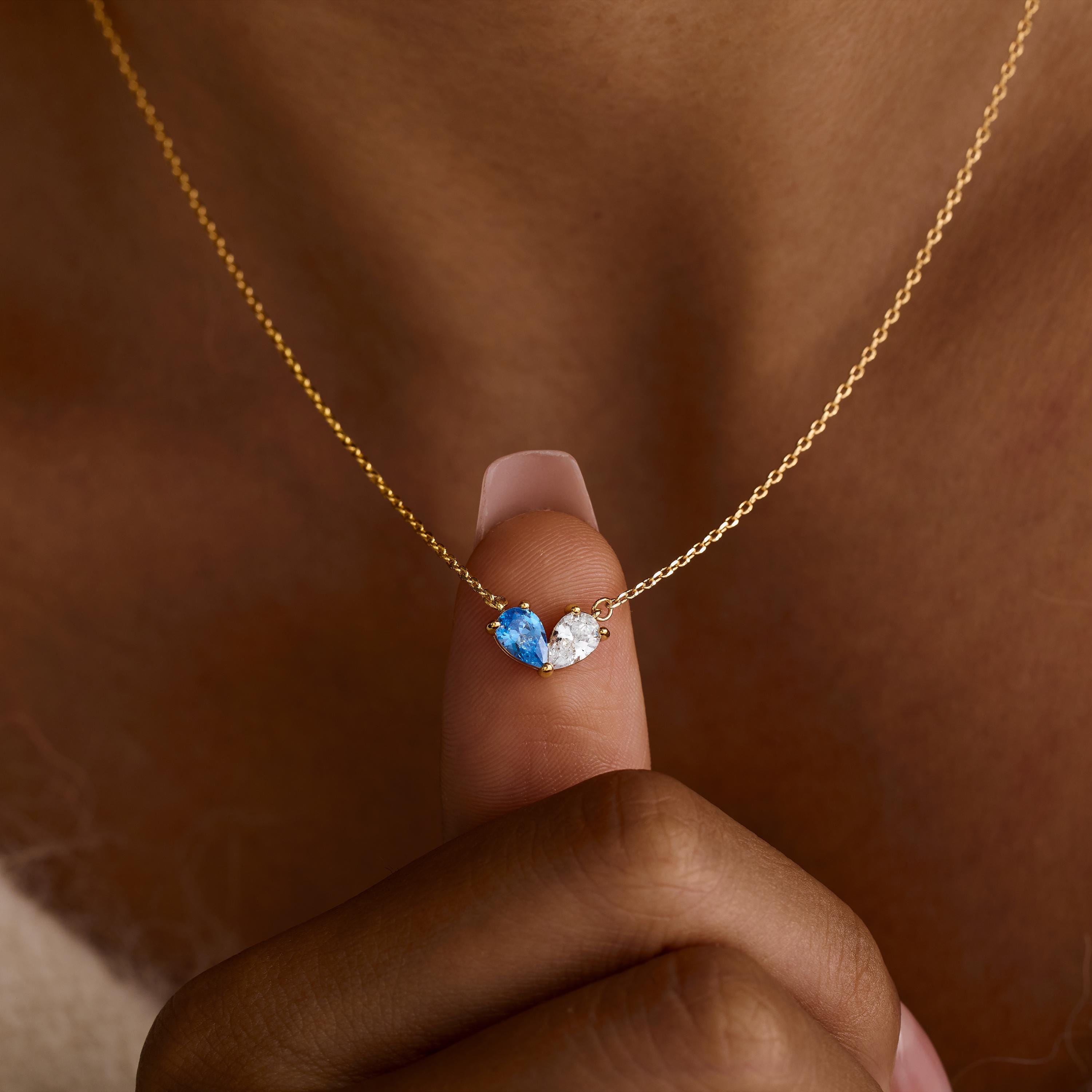 14K Gold Plated Couple Heart Birthstone Necklace with Two Teardrop Stones