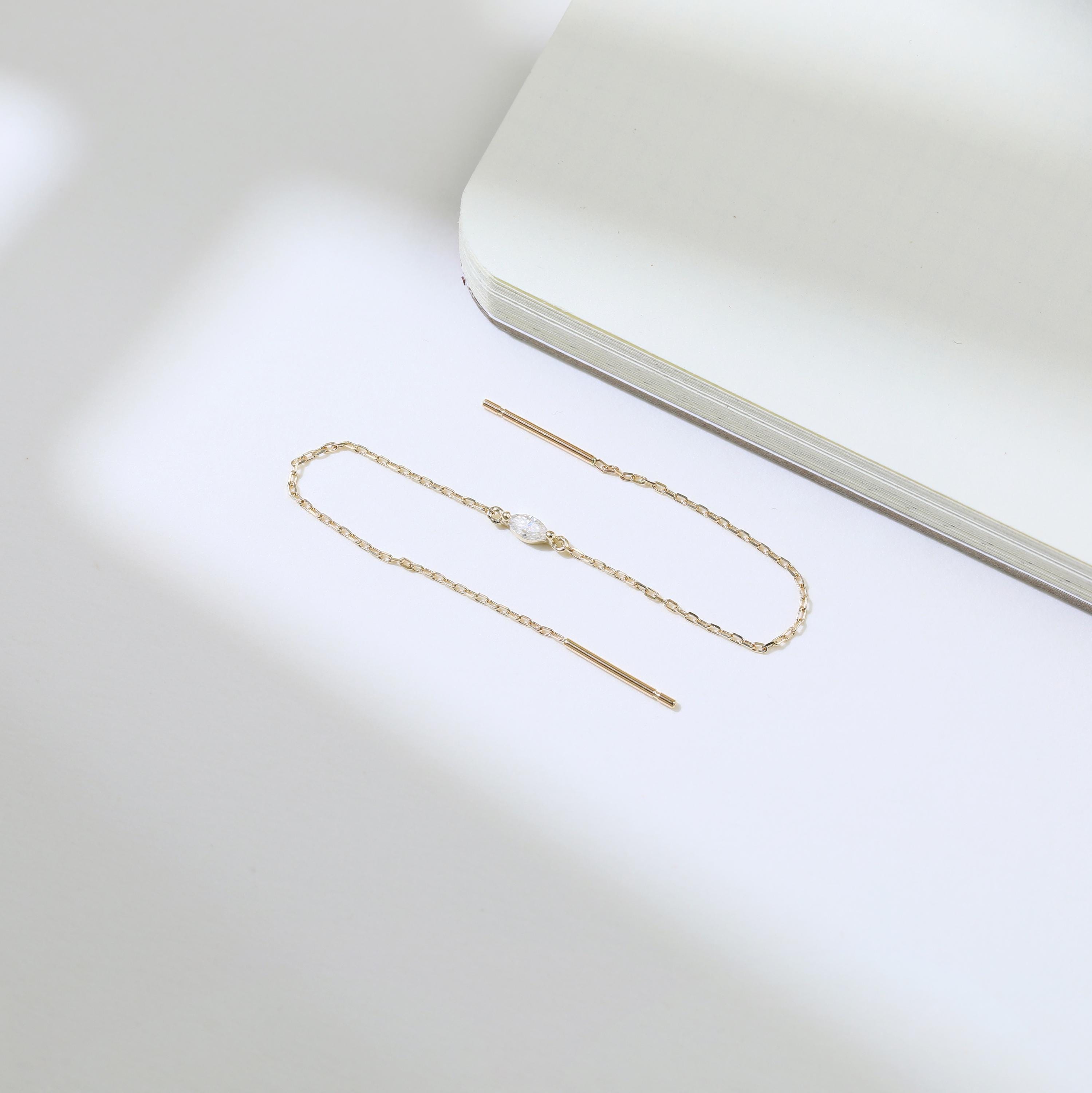 14K Solid Gold Moissanite Chain Threader Earring for Cartilage and Lobe
