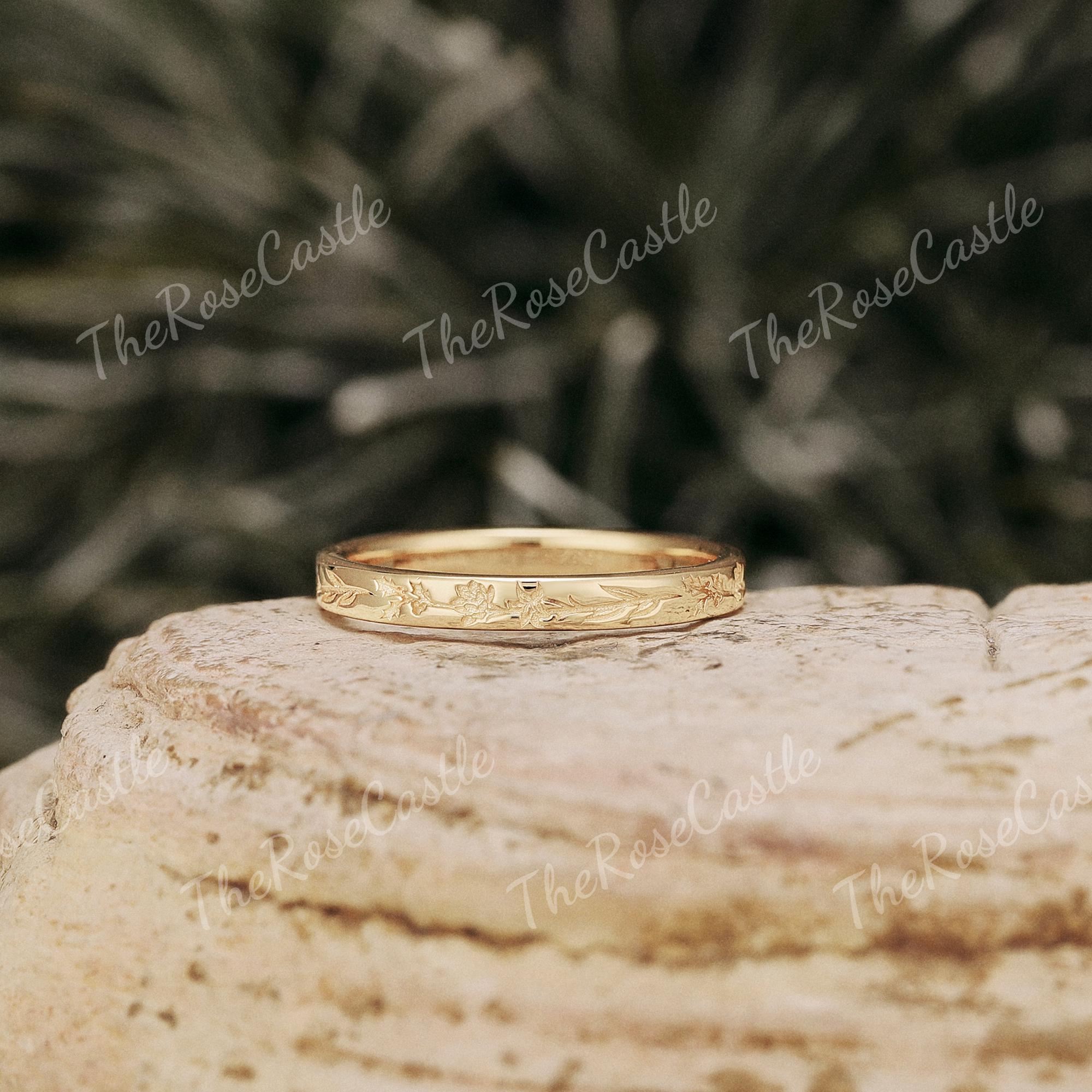 Floral Engraved Wedding Band Set, Matching Couple Bands
