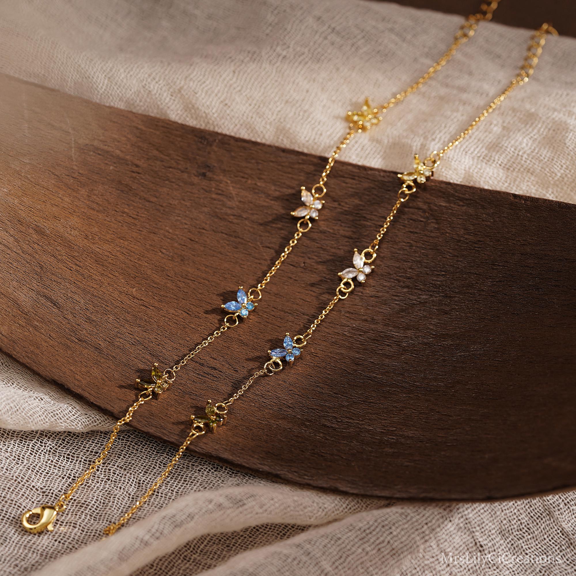 Custom Butterfly Birthstone Bracelet in Silver or 18K Gold Plate