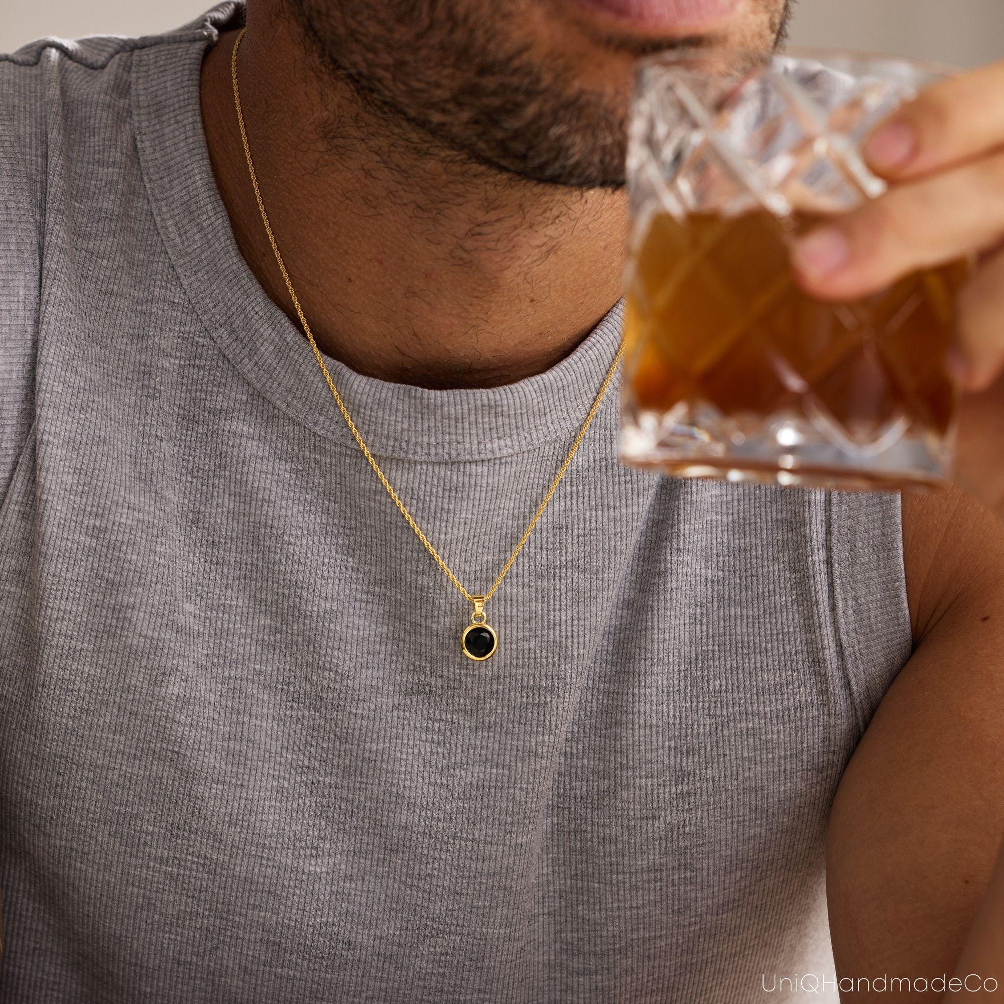 Men's Birthstone Necklace with Black Onyx or Tiger Eye on a Curb Chain