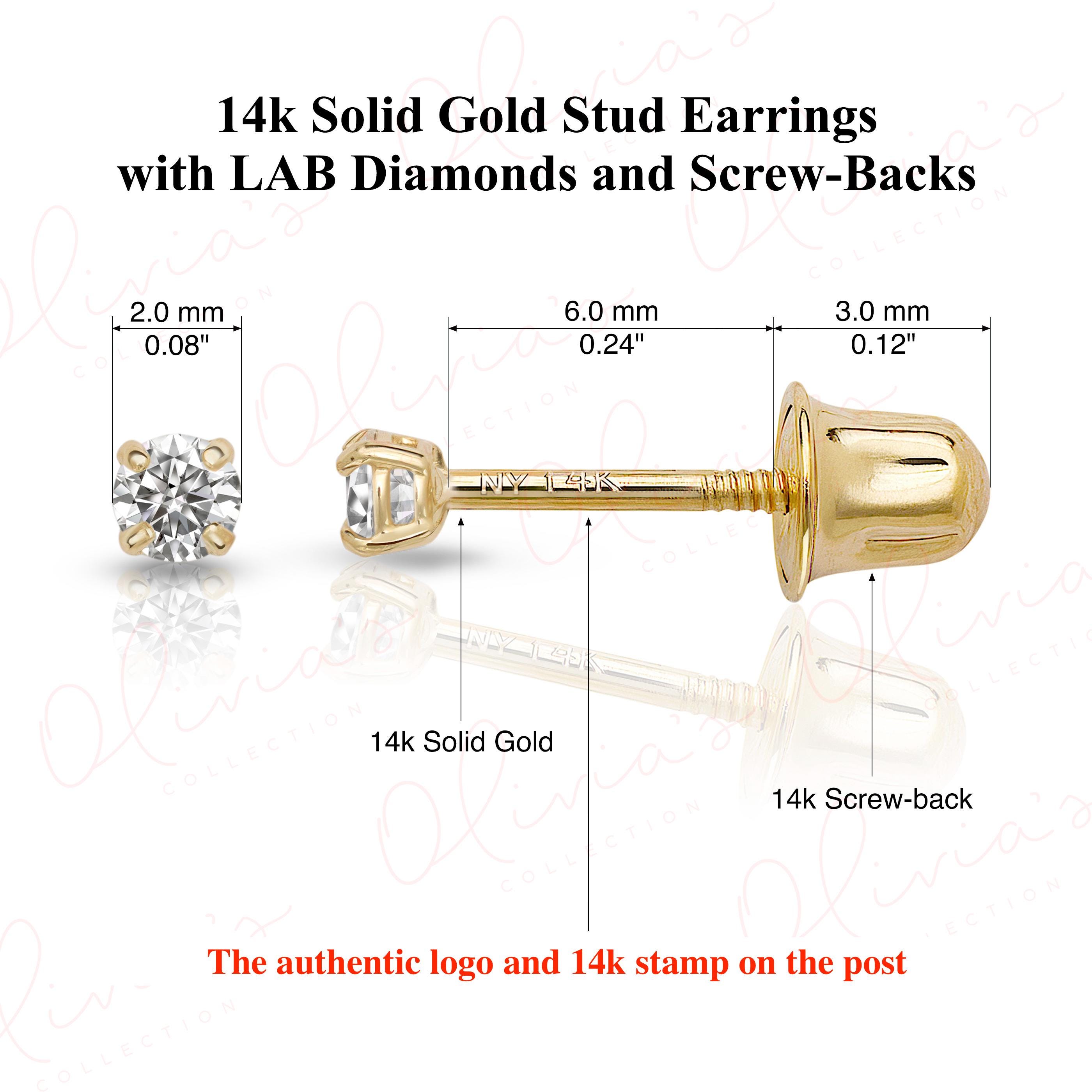 14K Solid Gold Lab-Grown Diamond Stud Earrings with Screw Backs, White or Yellow