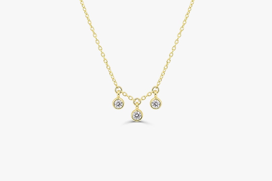 Dainty Diamond Choker Necklace in 14K Solid Gold with 3 Diamonds