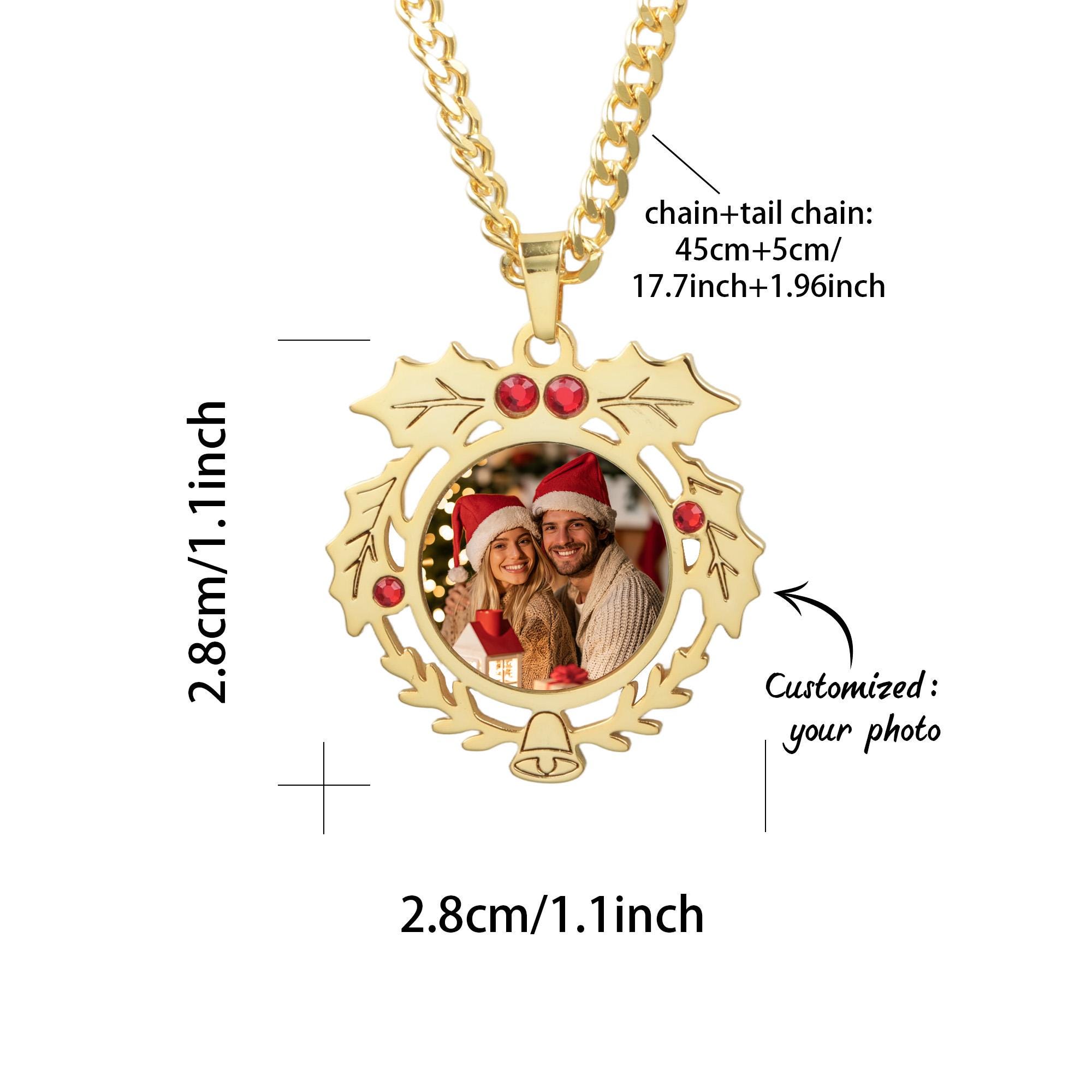Christmas Wreath Photo Necklace with Red Cubic Zirconia