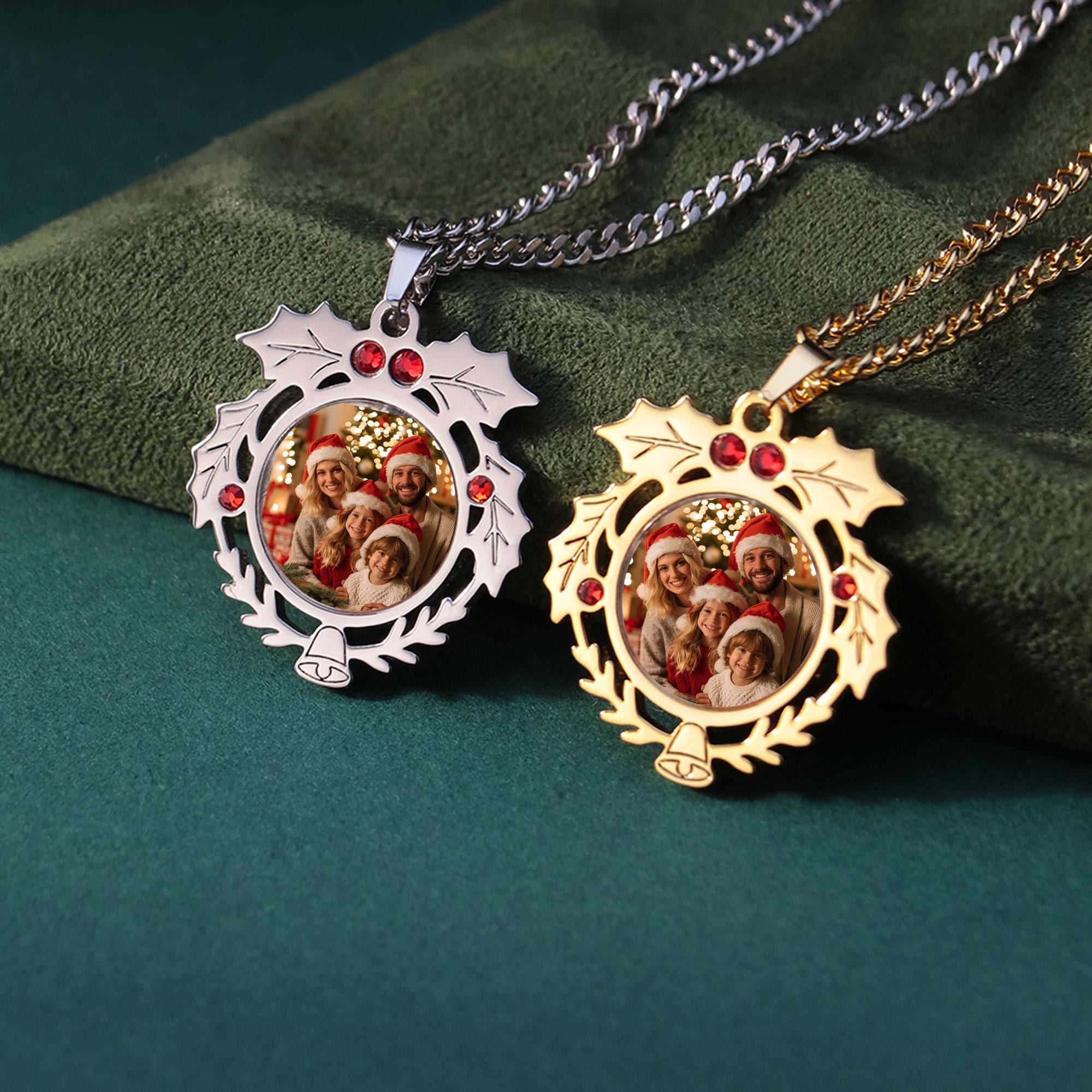 Christmas Wreath Photo Necklace with Red Cubic Zirconia