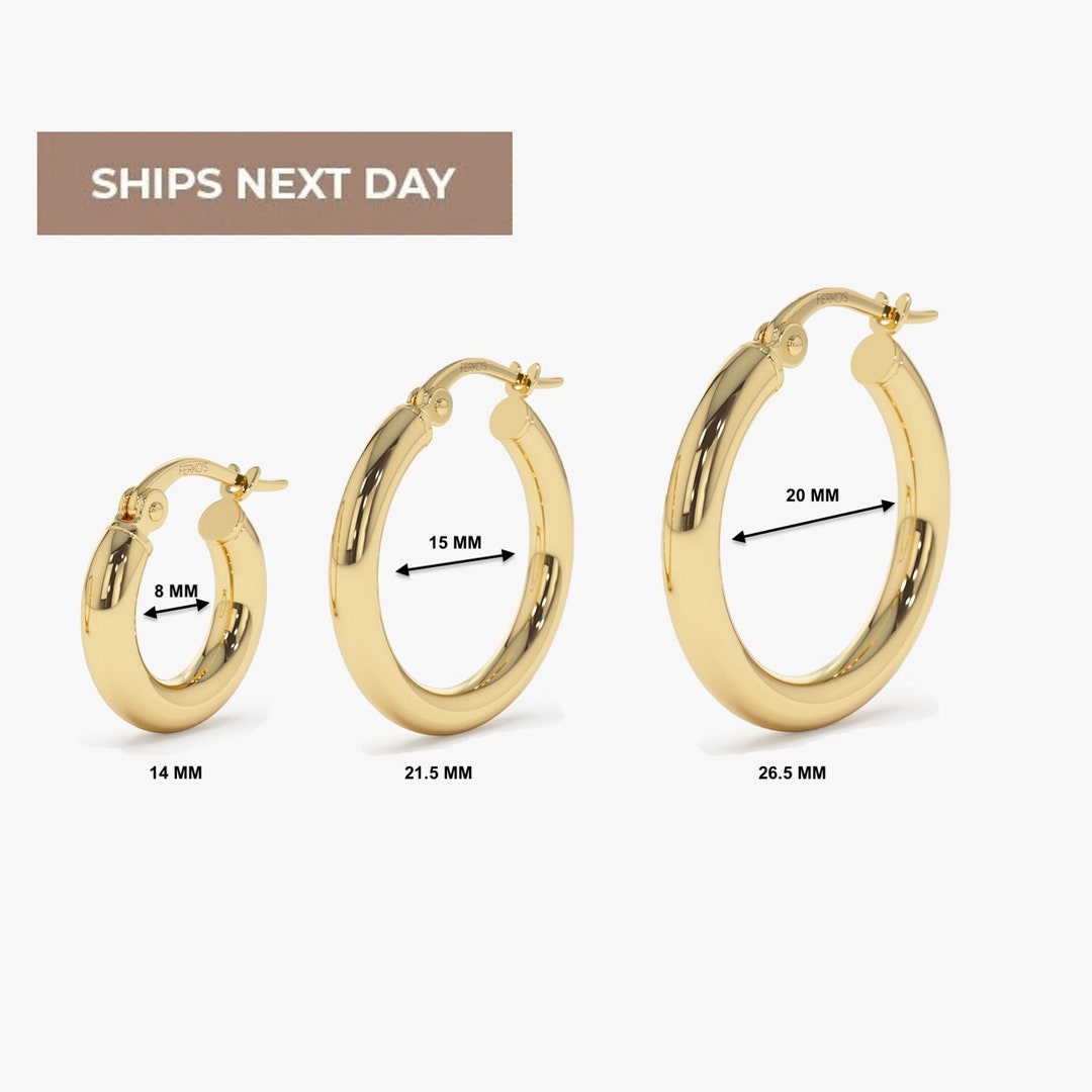 14K Gold Hoop Earrings, 3mm Thickness, 14mm to 26.5mm, Sold as a Pair