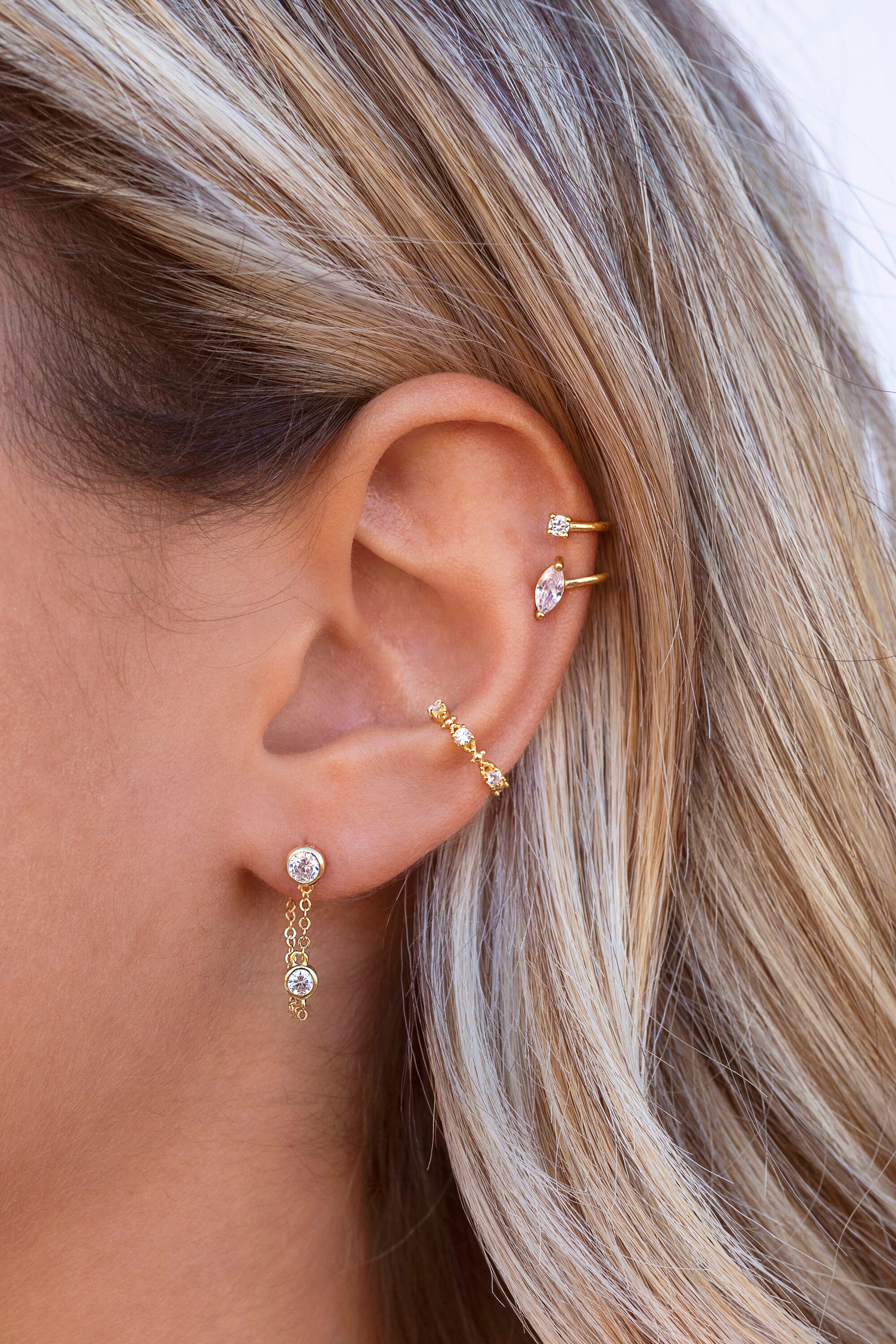Dainty Marquise and Round CZ Double Band Ear Cuff Earrings