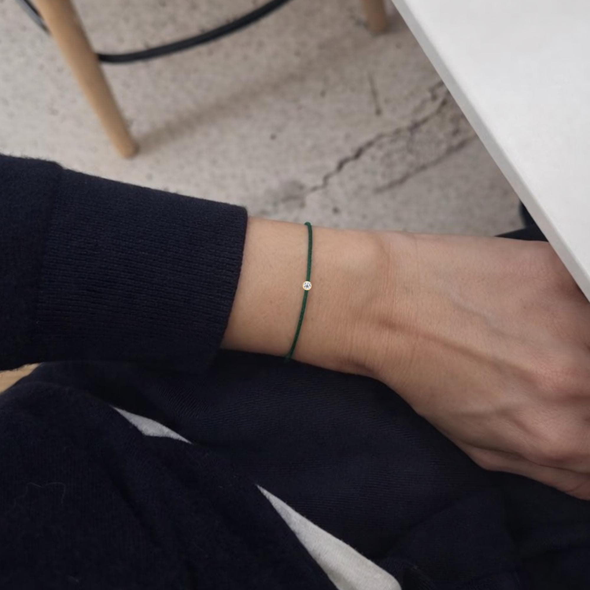 14K Solid Gold Friendship Bracelet with Natural White Diamond on Silk Cord