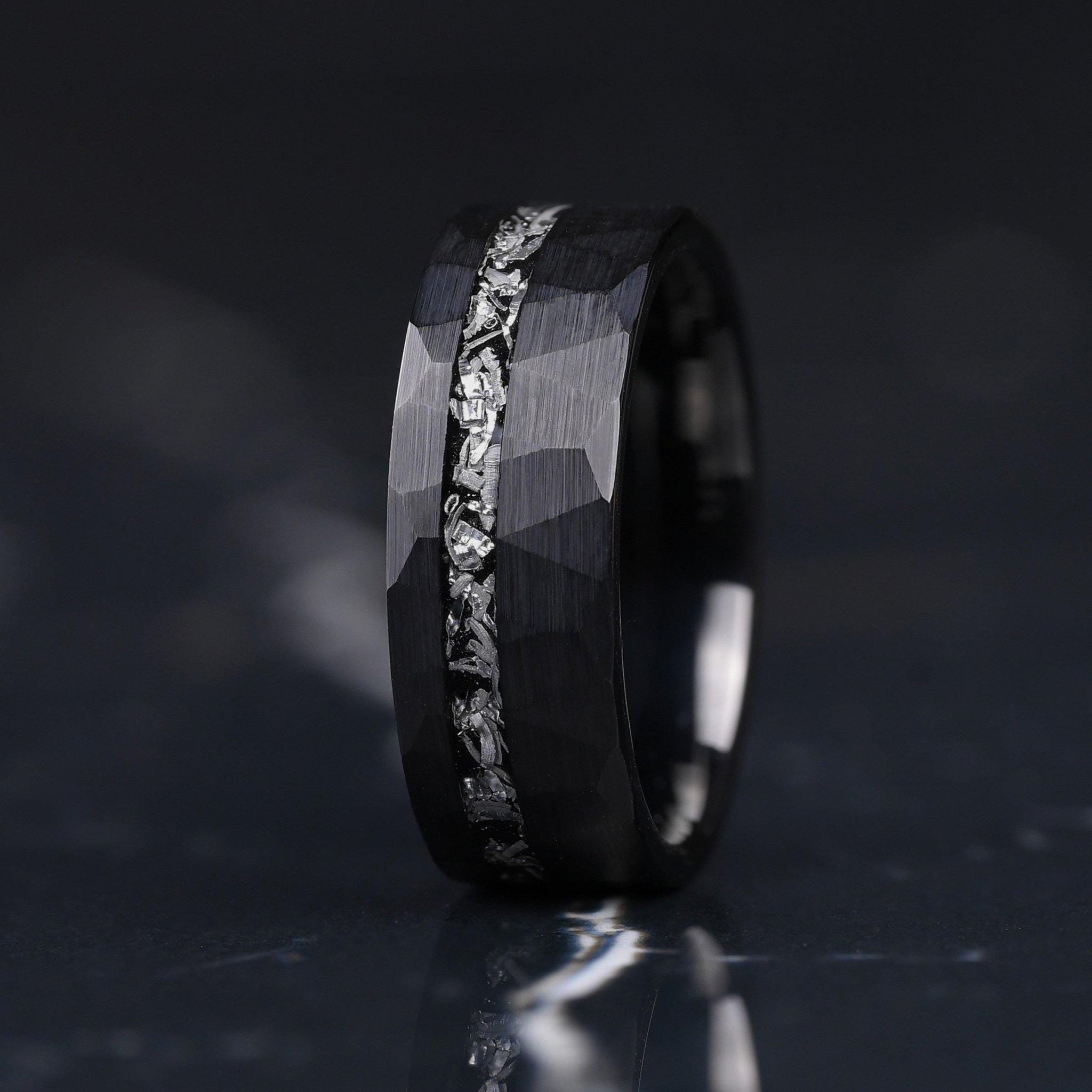 Hammered Meteorite Tungsten Couple Ring Set, 8mm and 4mm