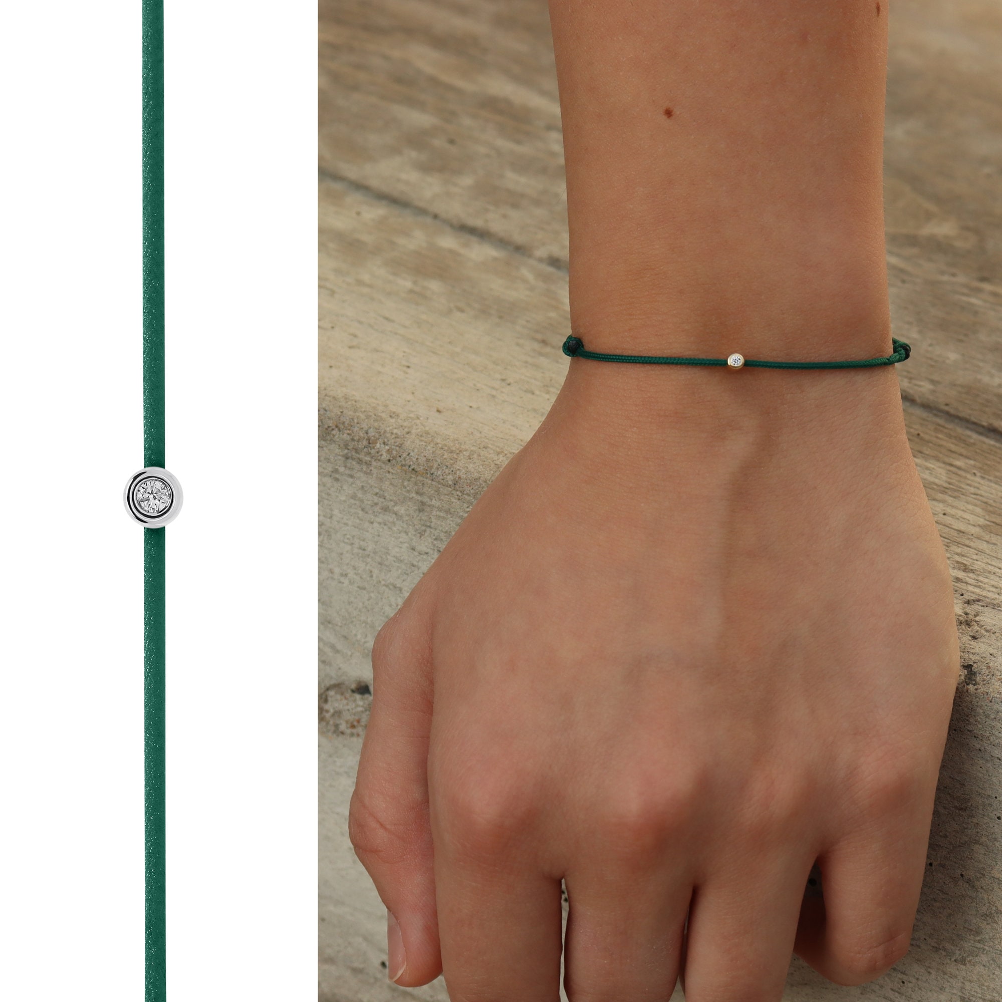 14K Solid Gold Diamond String Bracelet on Silk Thread