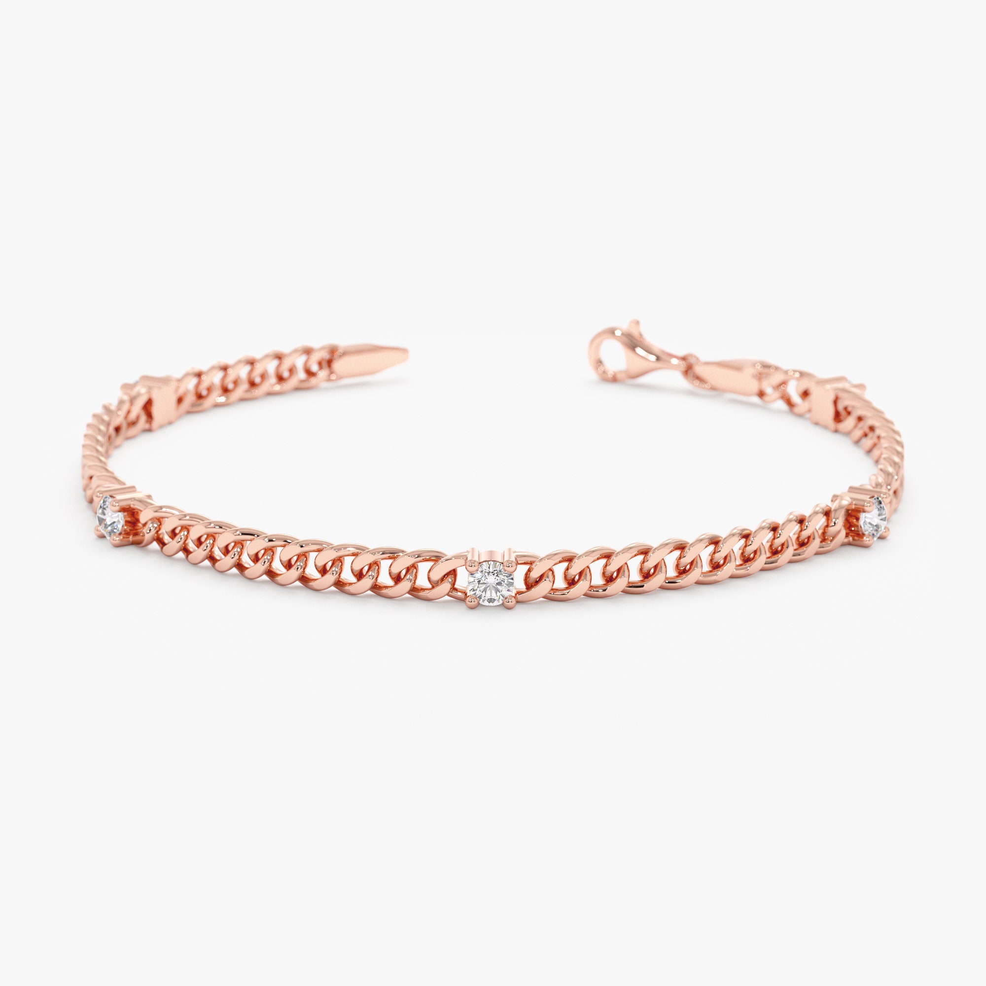 14K Gold Cuban Link Bracelet with Five Sectioned Natural Diamonds