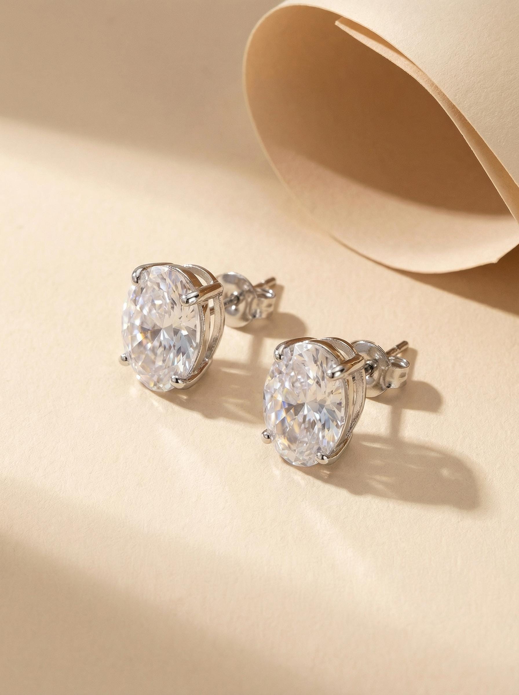 Oval Moissanite Stud Earrings in Sterling Silver or Solid Gold