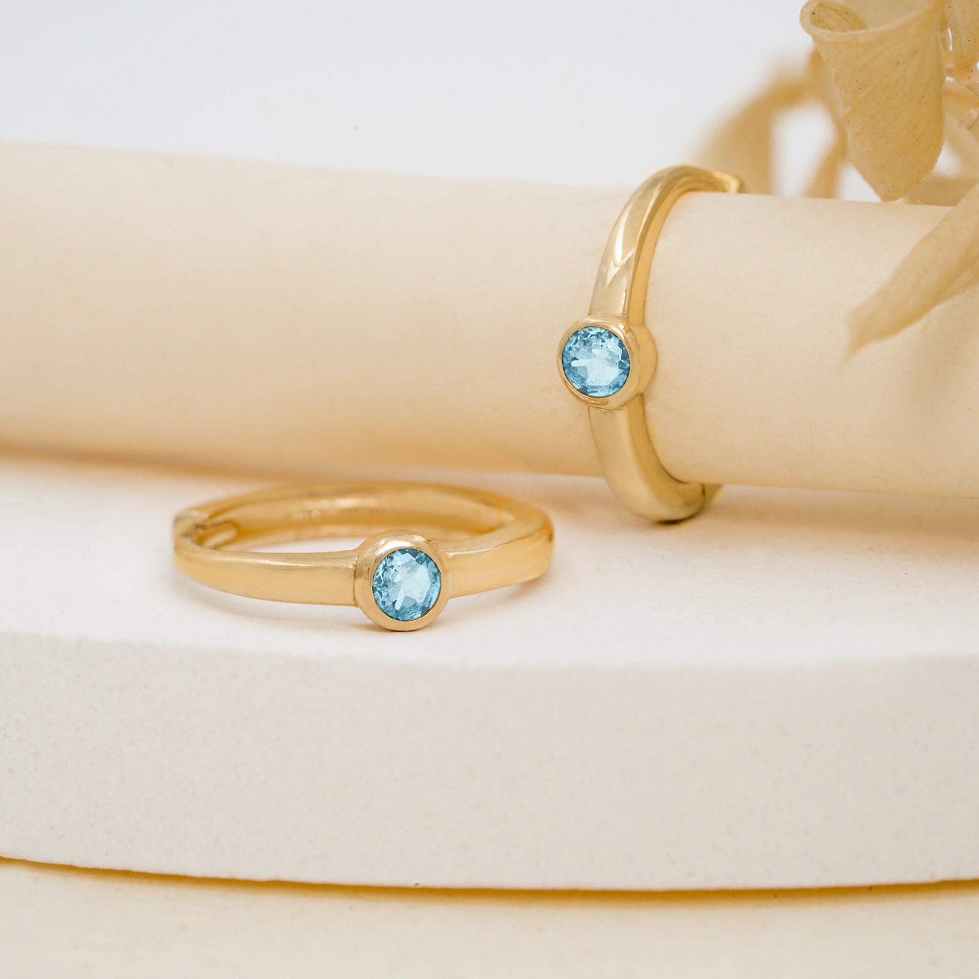 14K Solid Gold Aquamarine Huggie Hoop Earrings with Bezel Setting