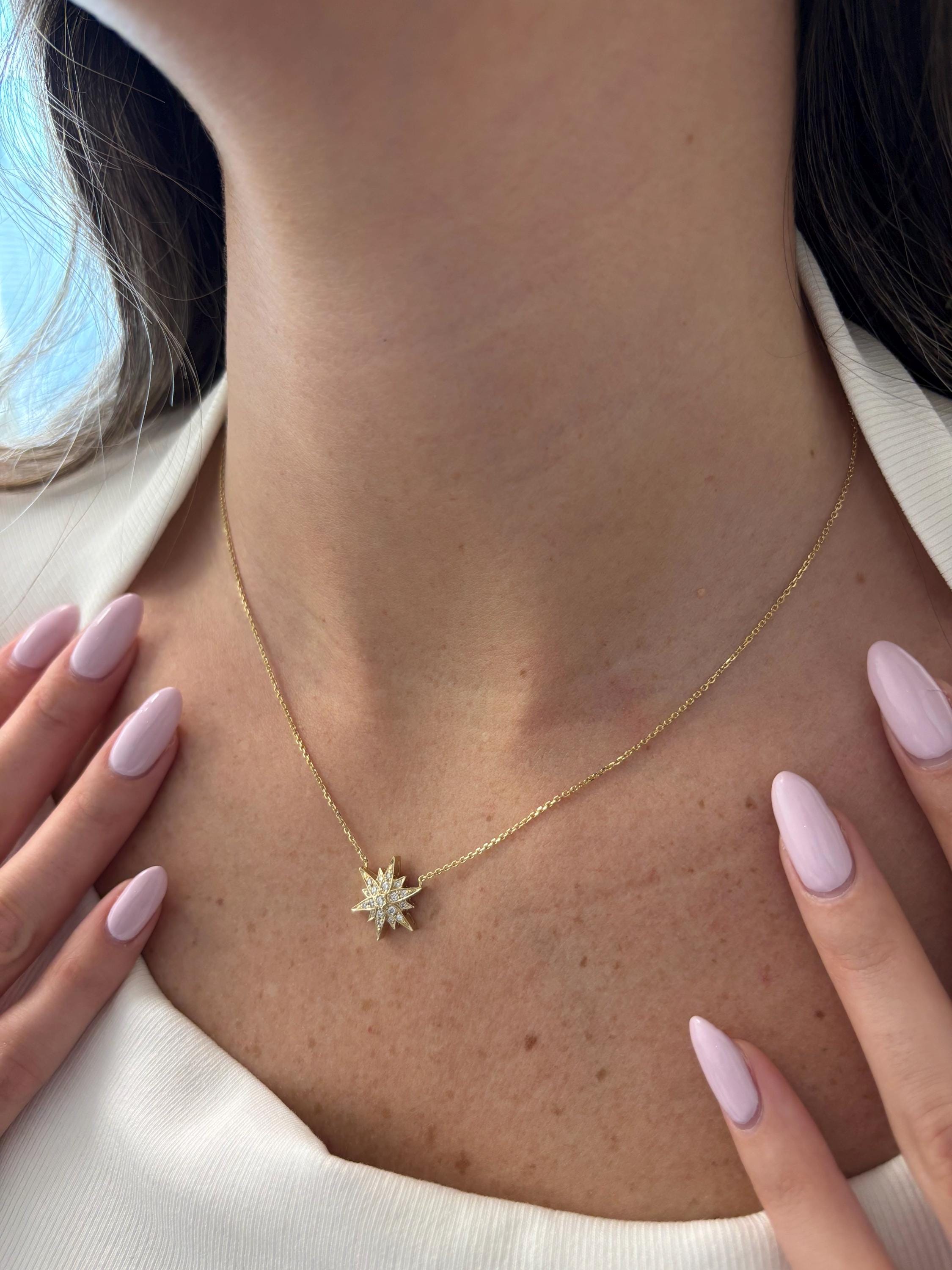14K Solid Gold Starburst Diamond Pendant Necklace