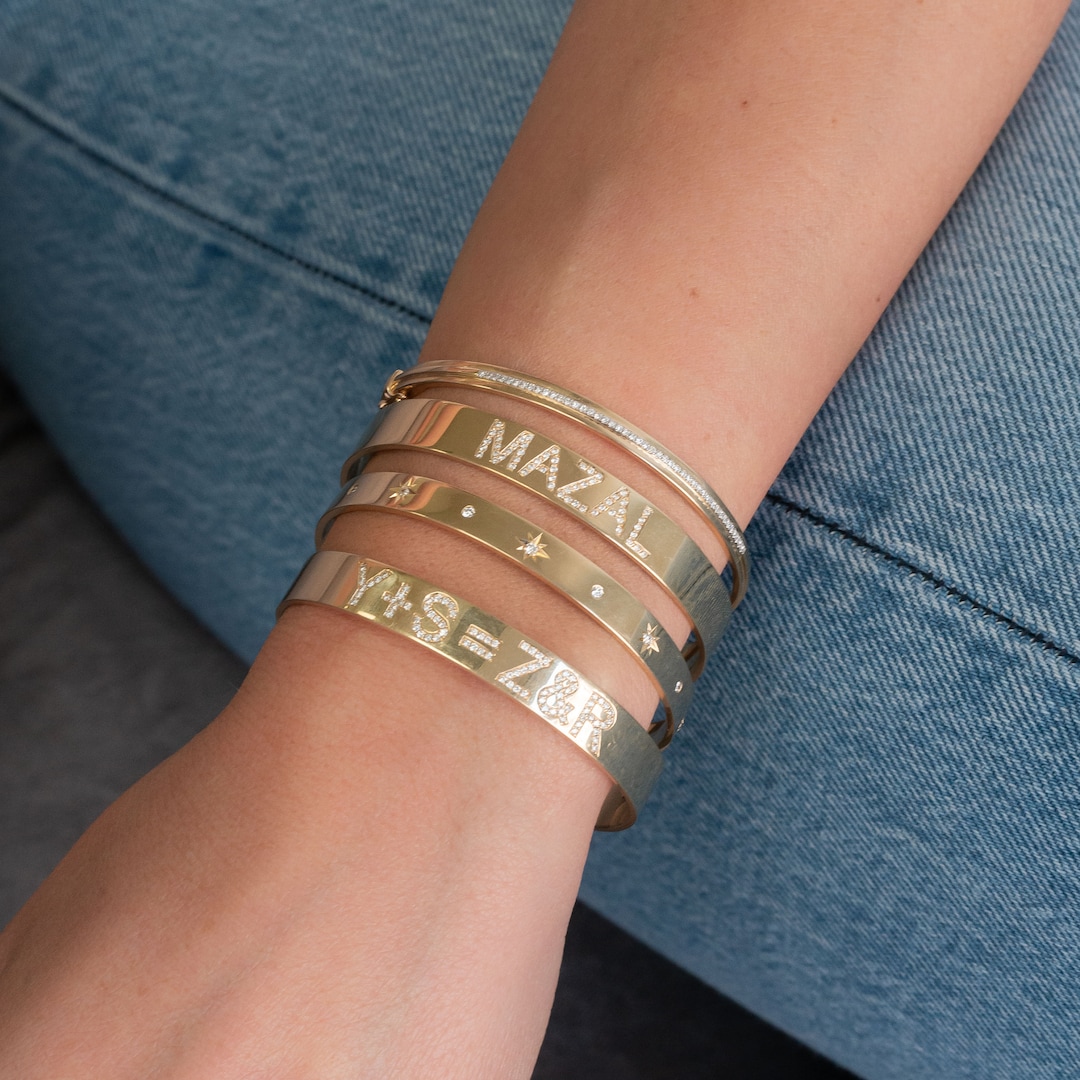 14K Gold Diamond Personalized Cuff Bracelet
