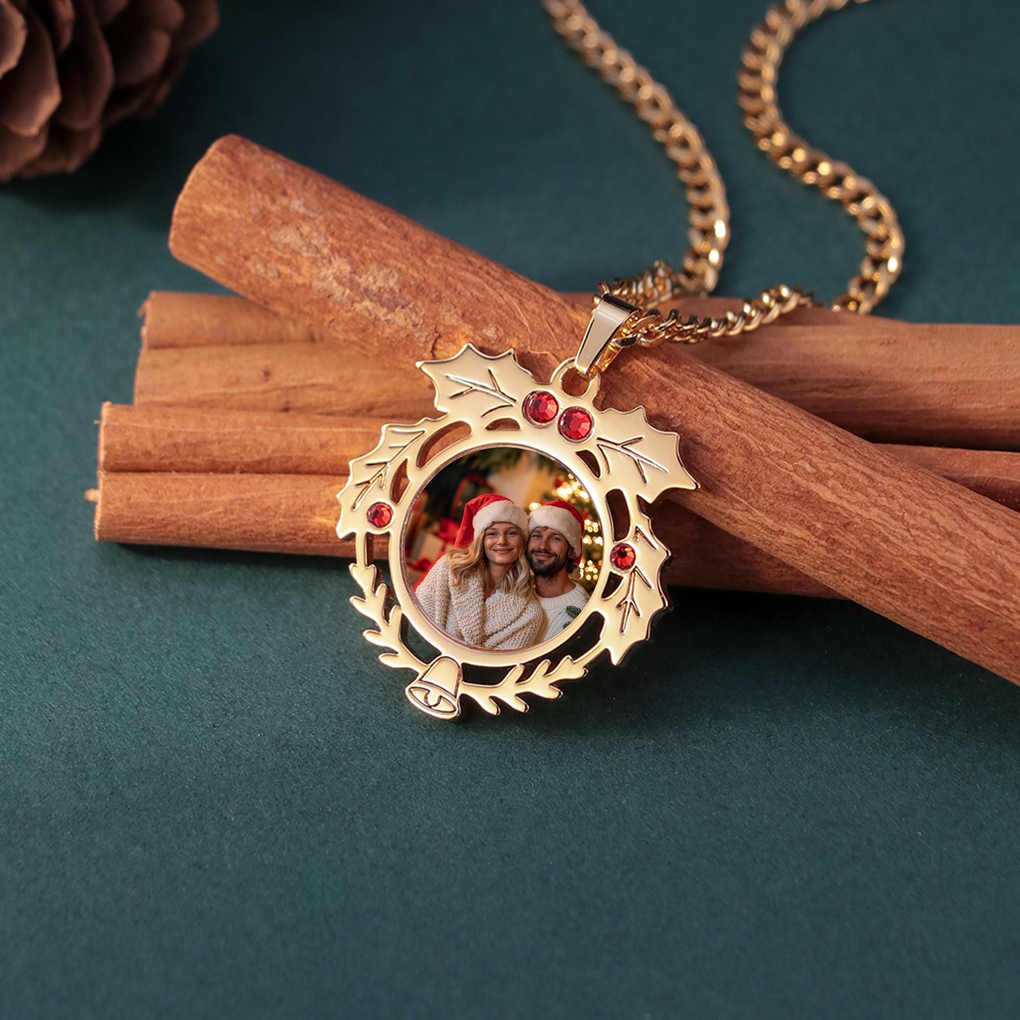 Christmas Wreath Photo Necklace with Red Cubic Zirconia