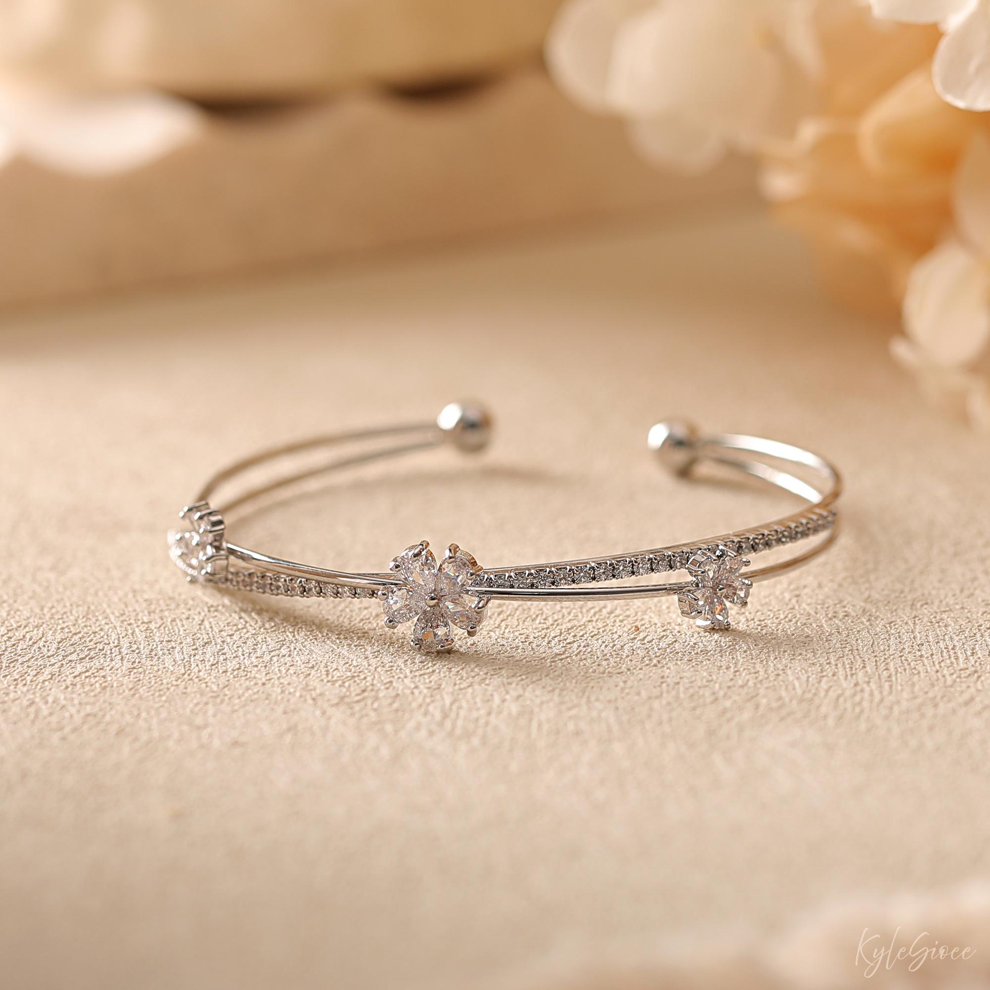 Minimalist Cubic Zirconia Flower Open Cuff Bangle