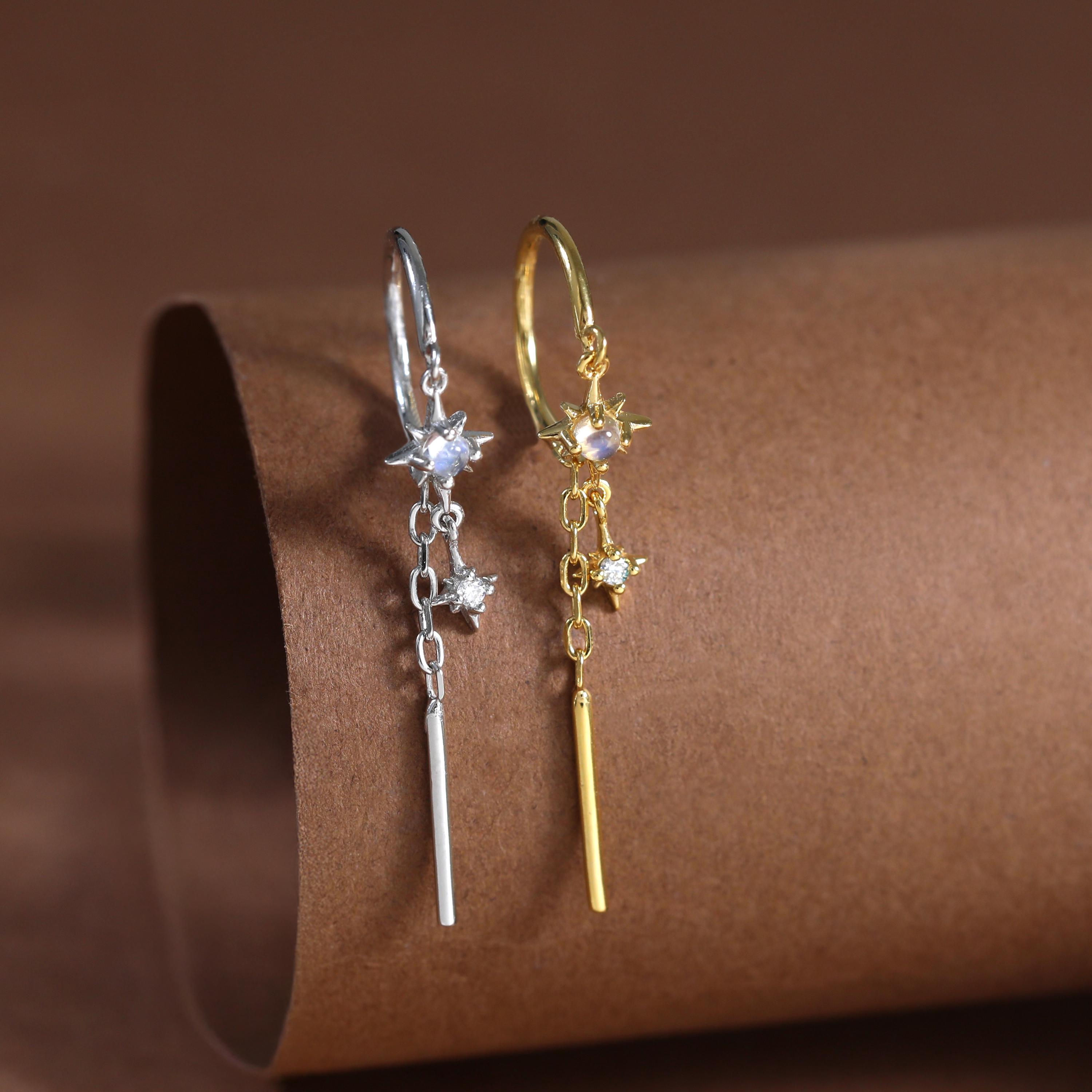 14K Gold Plated Moonstone and Moissanite Star Threader Earring