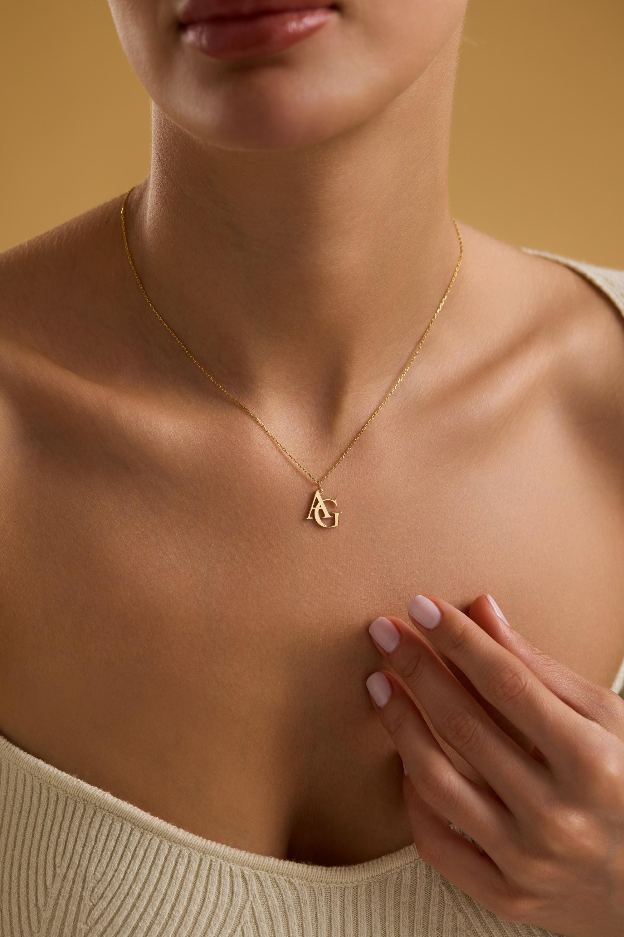 Double Initial Necklace with Two Letters in Sterling Silver or Solid Gold