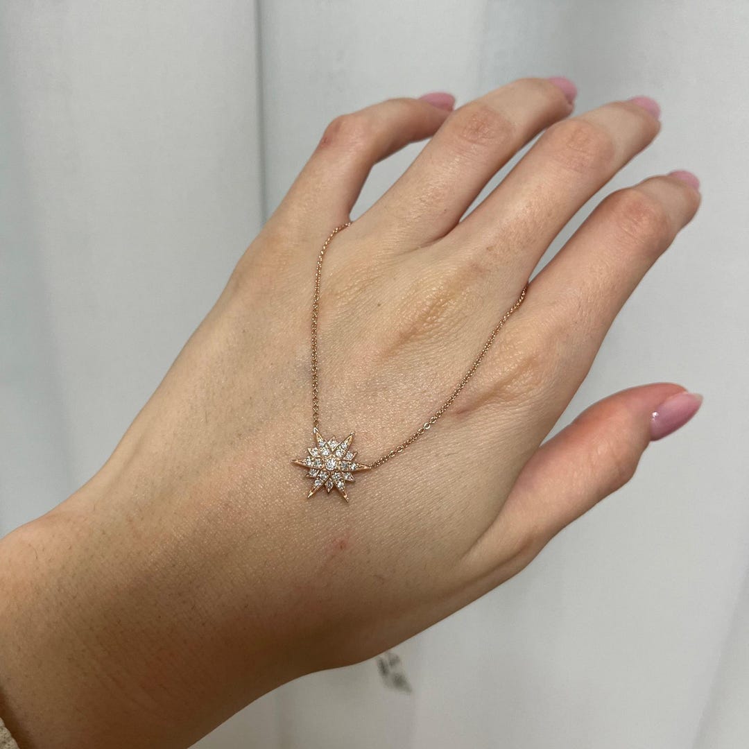 14K Solid Gold Starburst Diamond Pendant Necklace