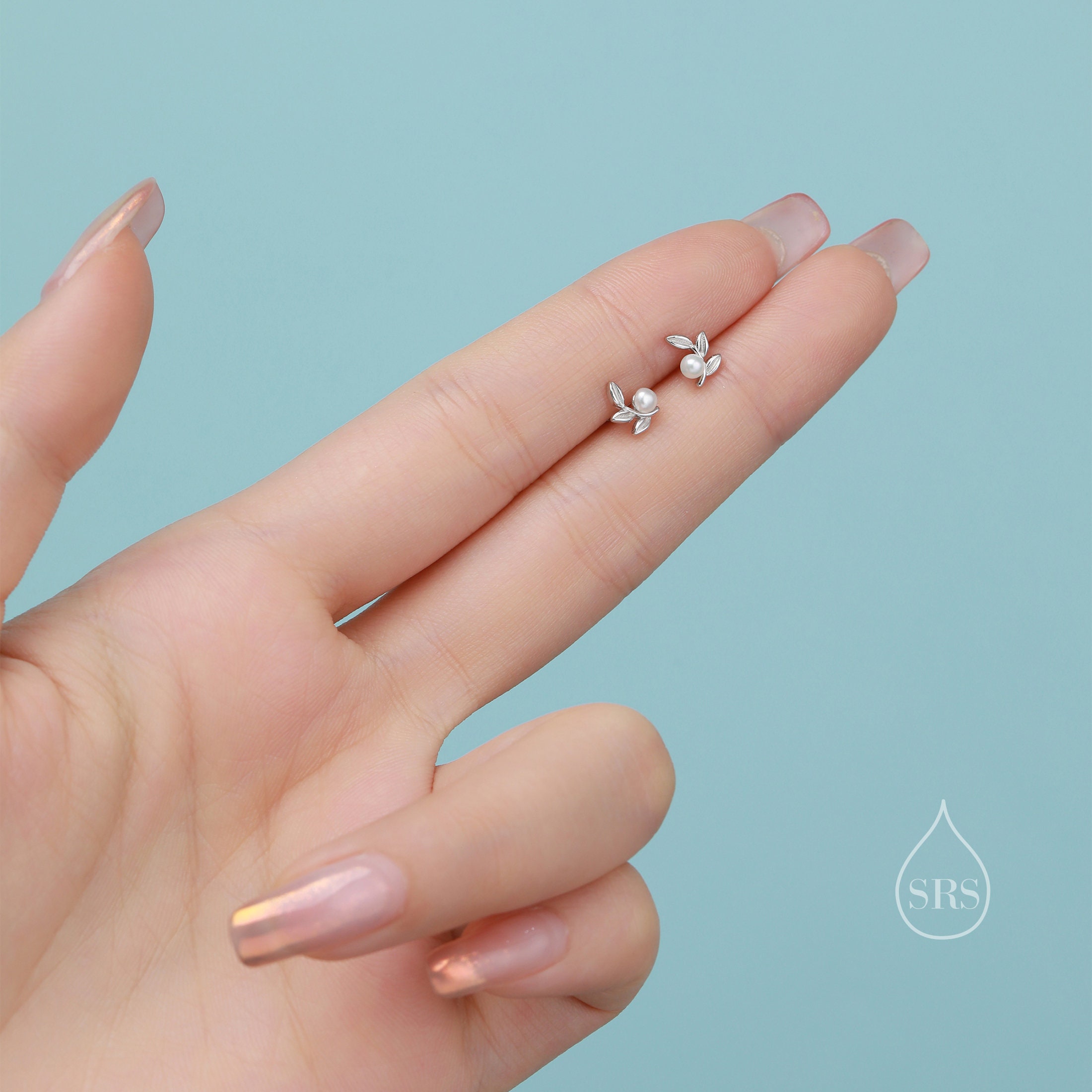 Tiny Leaf and Natural Freshwater Pearl Stud Earrings in Sterling Silver, Gold or Rose Gold