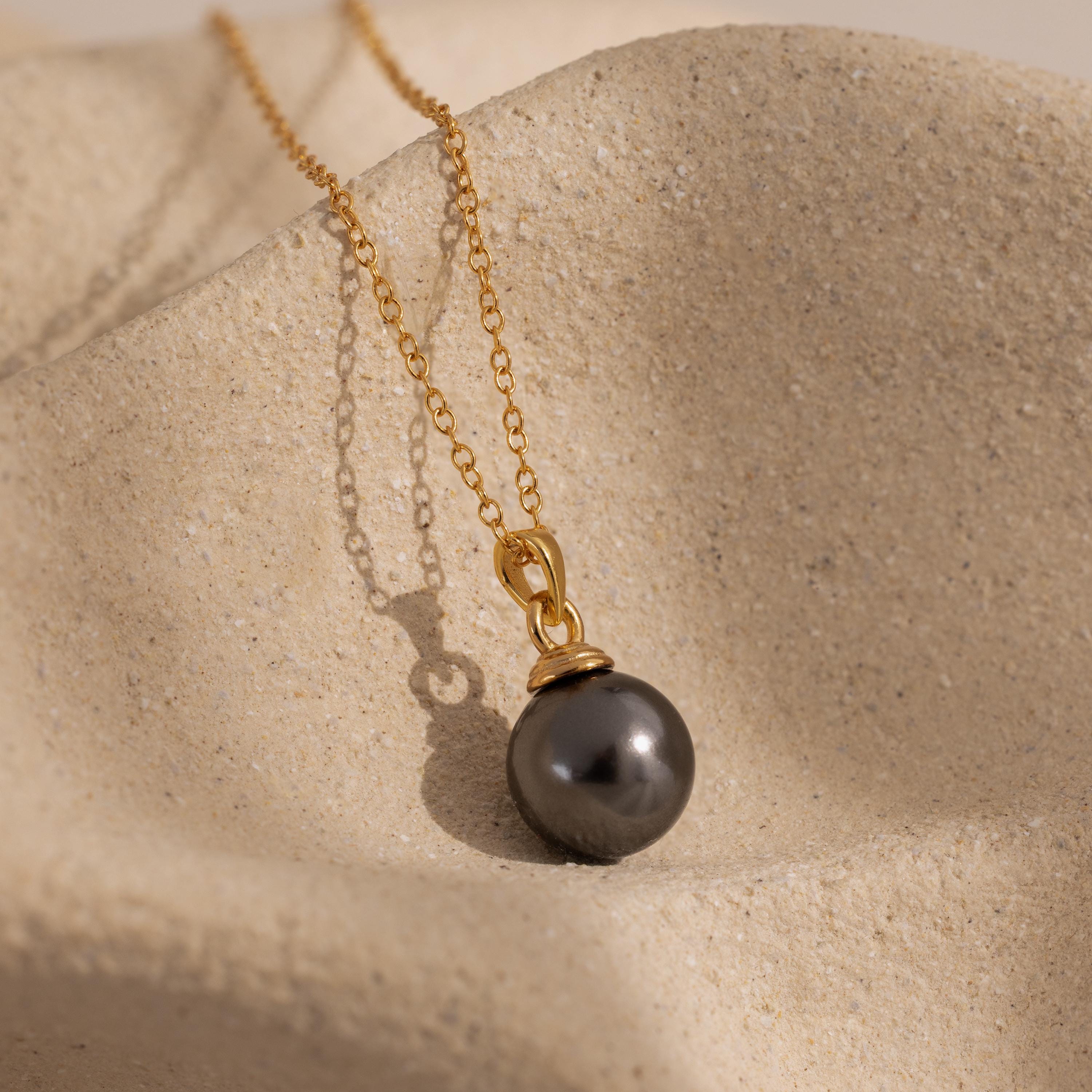 Black Pearl Drop Necklace in Sterling Silver, Adjustable Chain