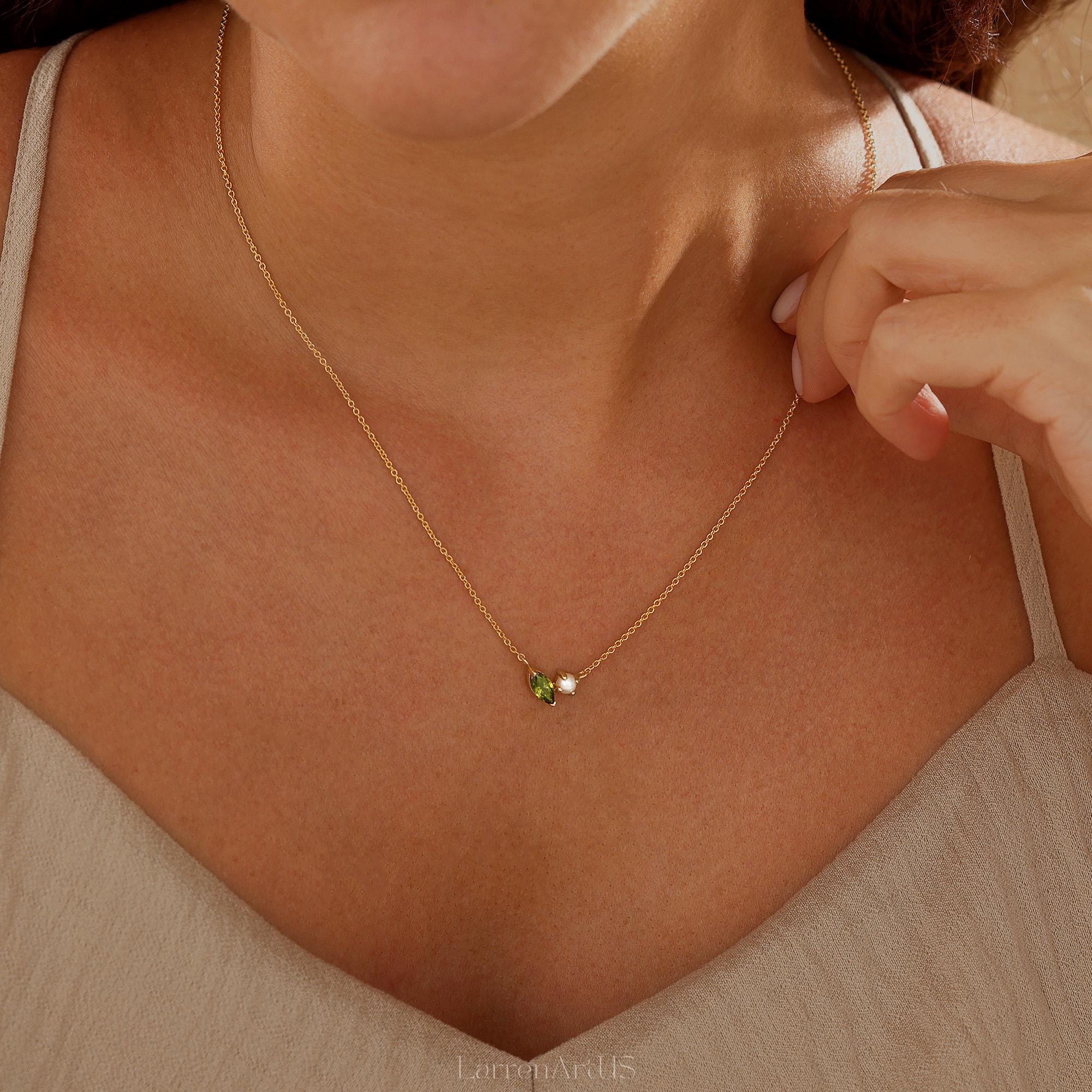 Marquise Birthstone and Pearl Necklace, Personalized Gemstone Pendant