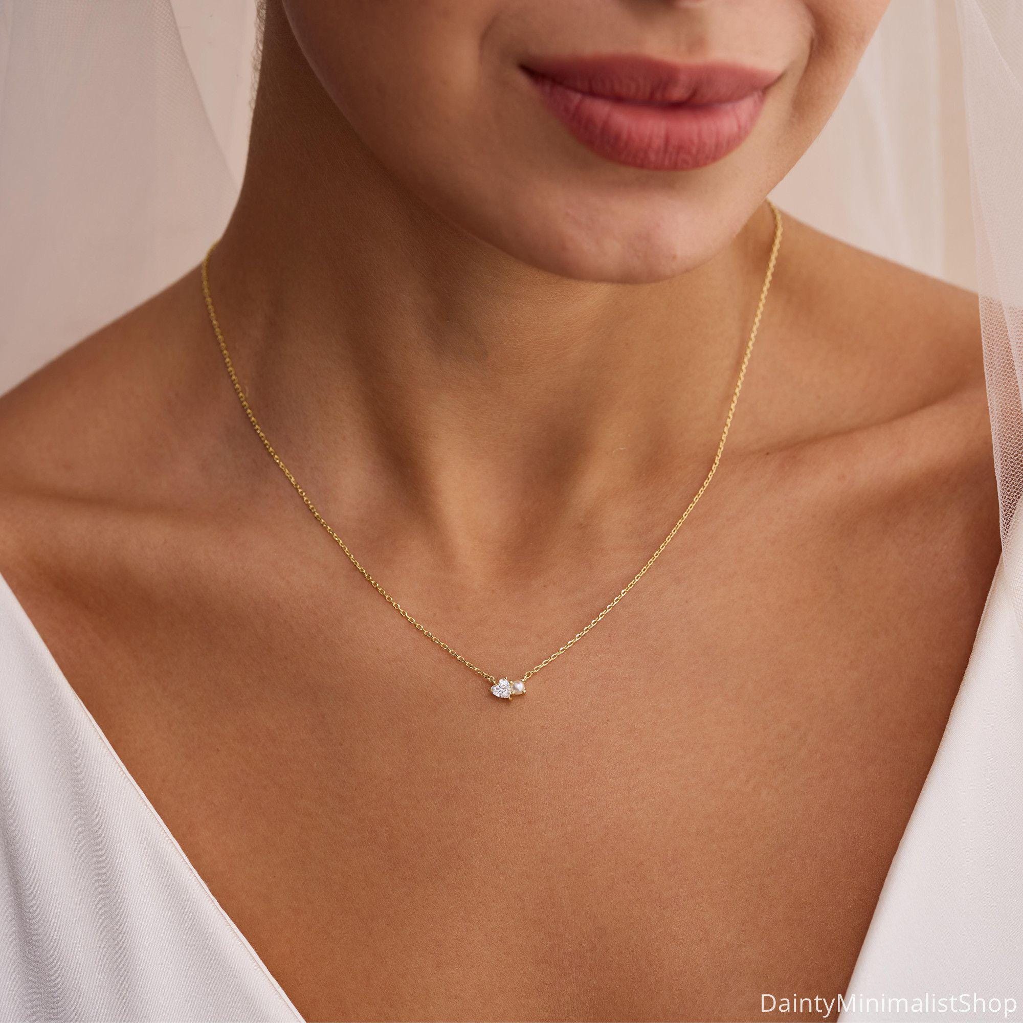 Dainty Pearl Necklace with Heart CZ Diamond in 14K Gold Plated Copper