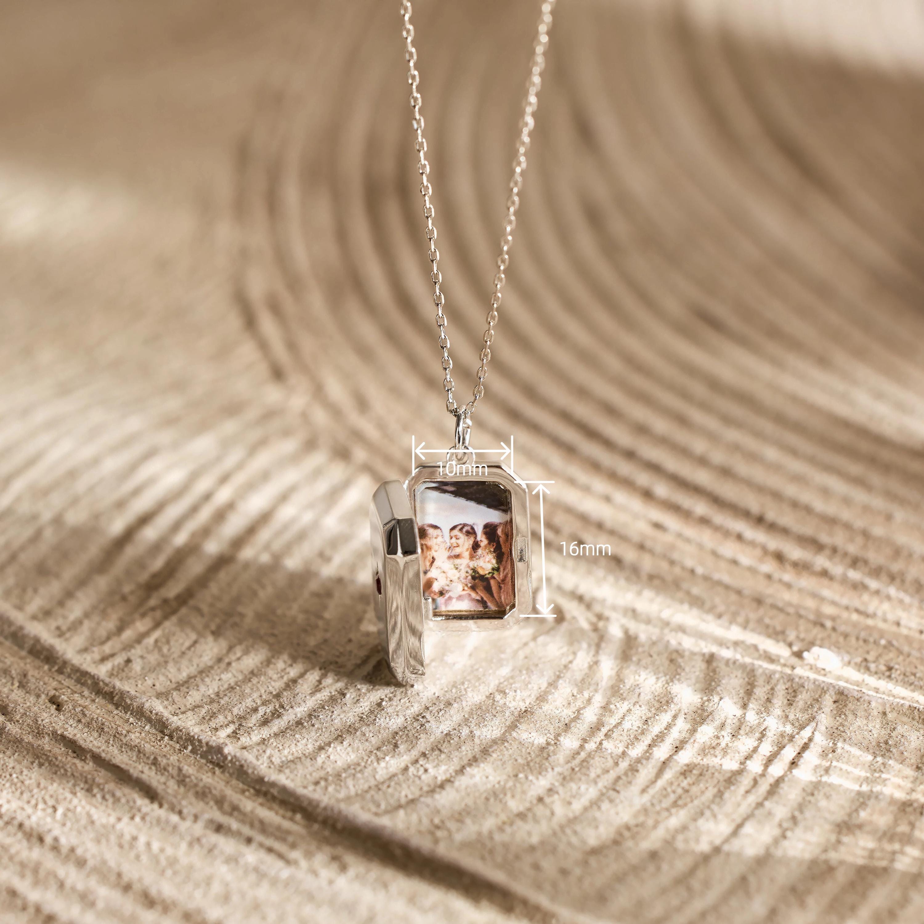 Custom Rectangular Locket Necklace with Birthstone and Photo