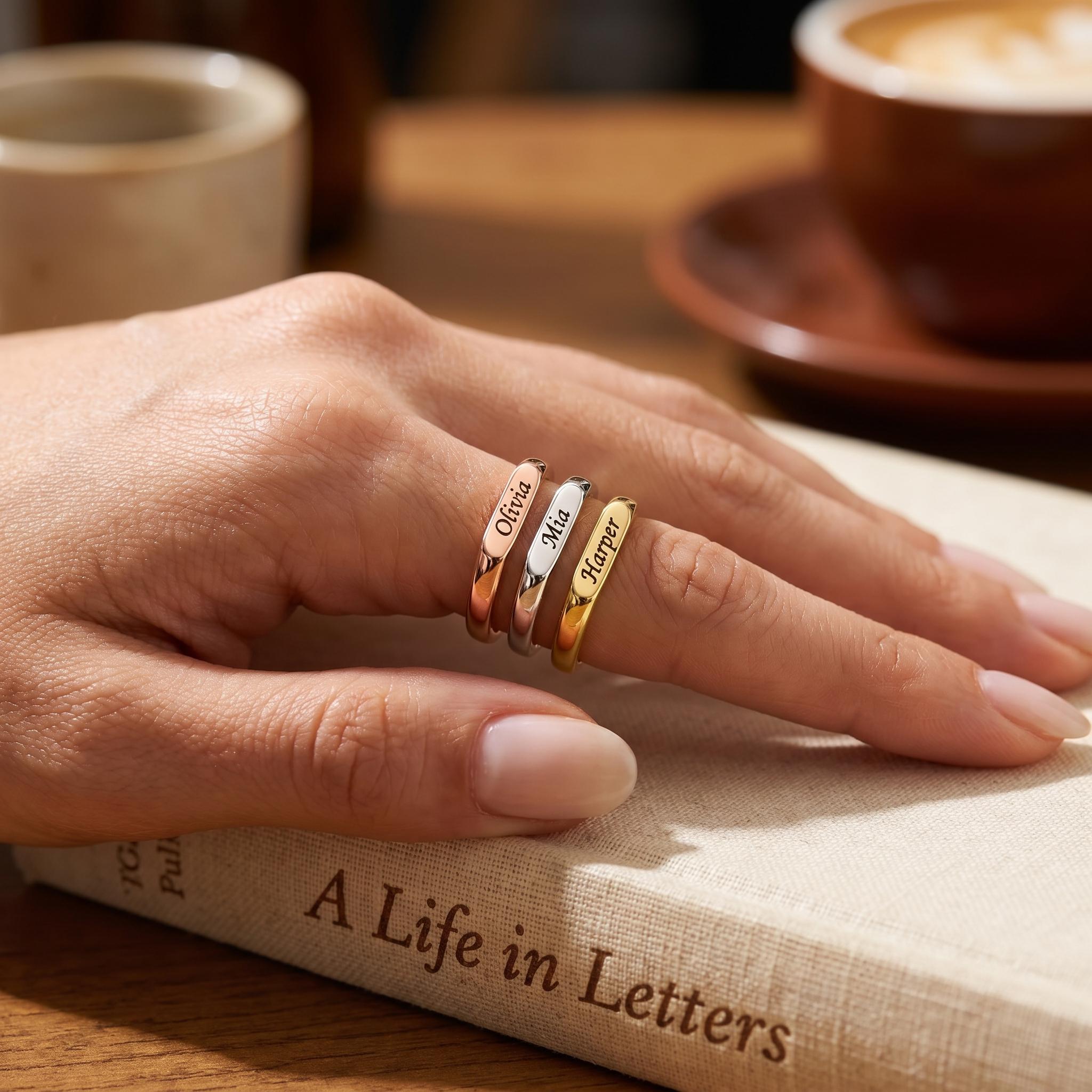 14K Solid Gold Engraved Bar Name Ring, Custom Signet Band