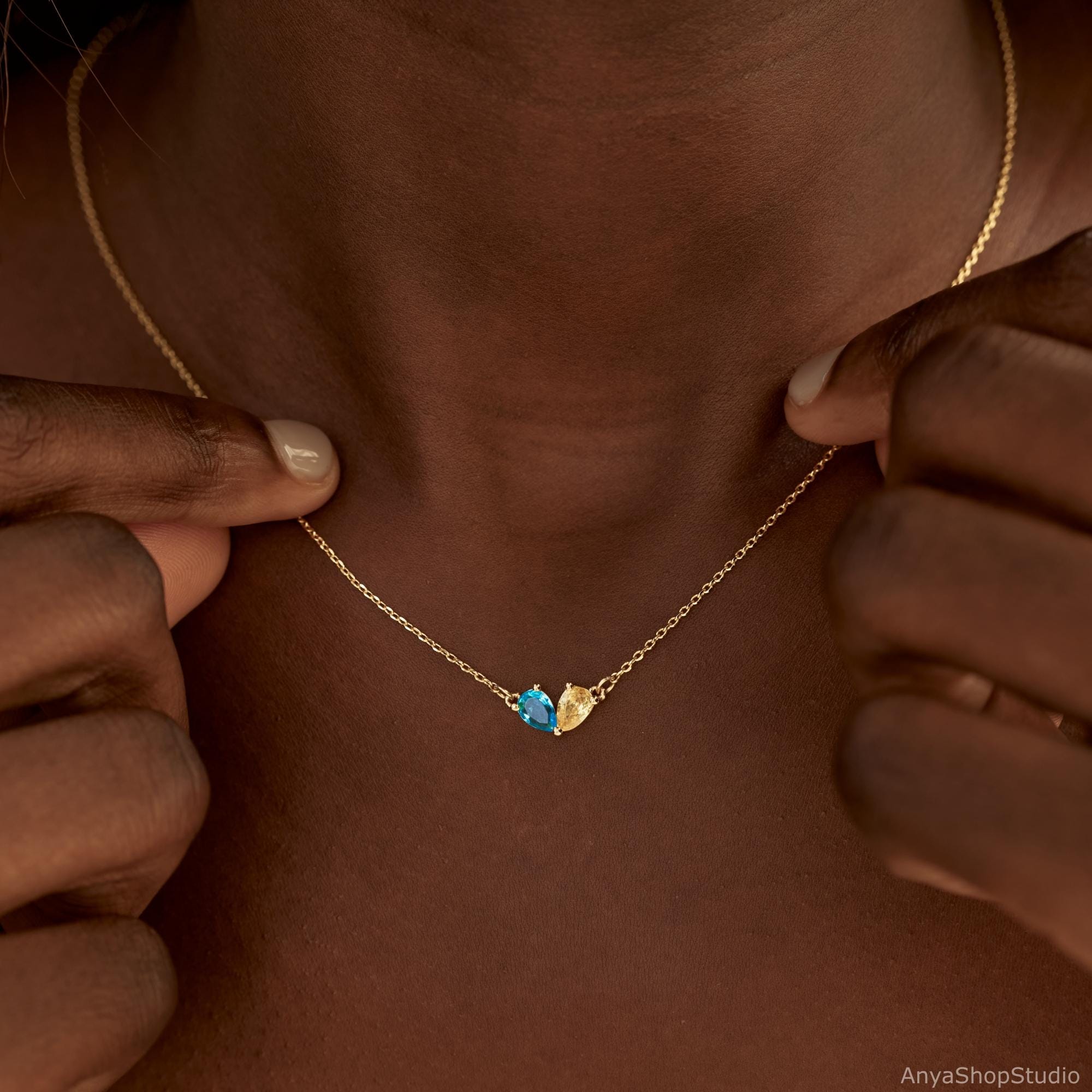 Tiny Heart Two Birthstone Necklace