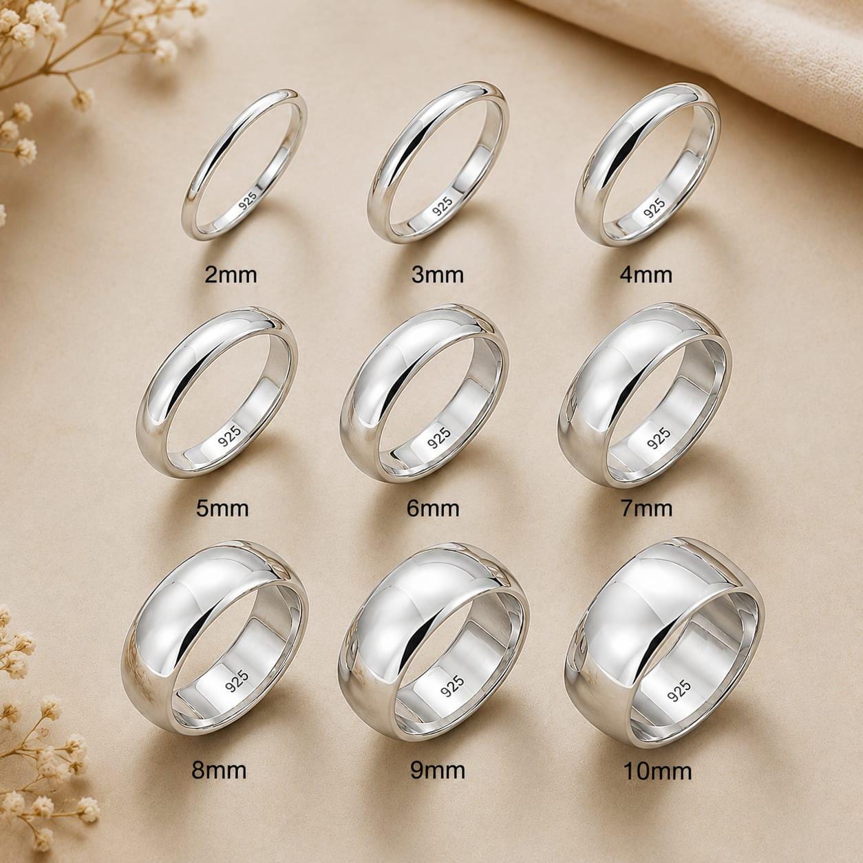 925 Sterling Silver Dome Band Ring in 2mm to 10mm