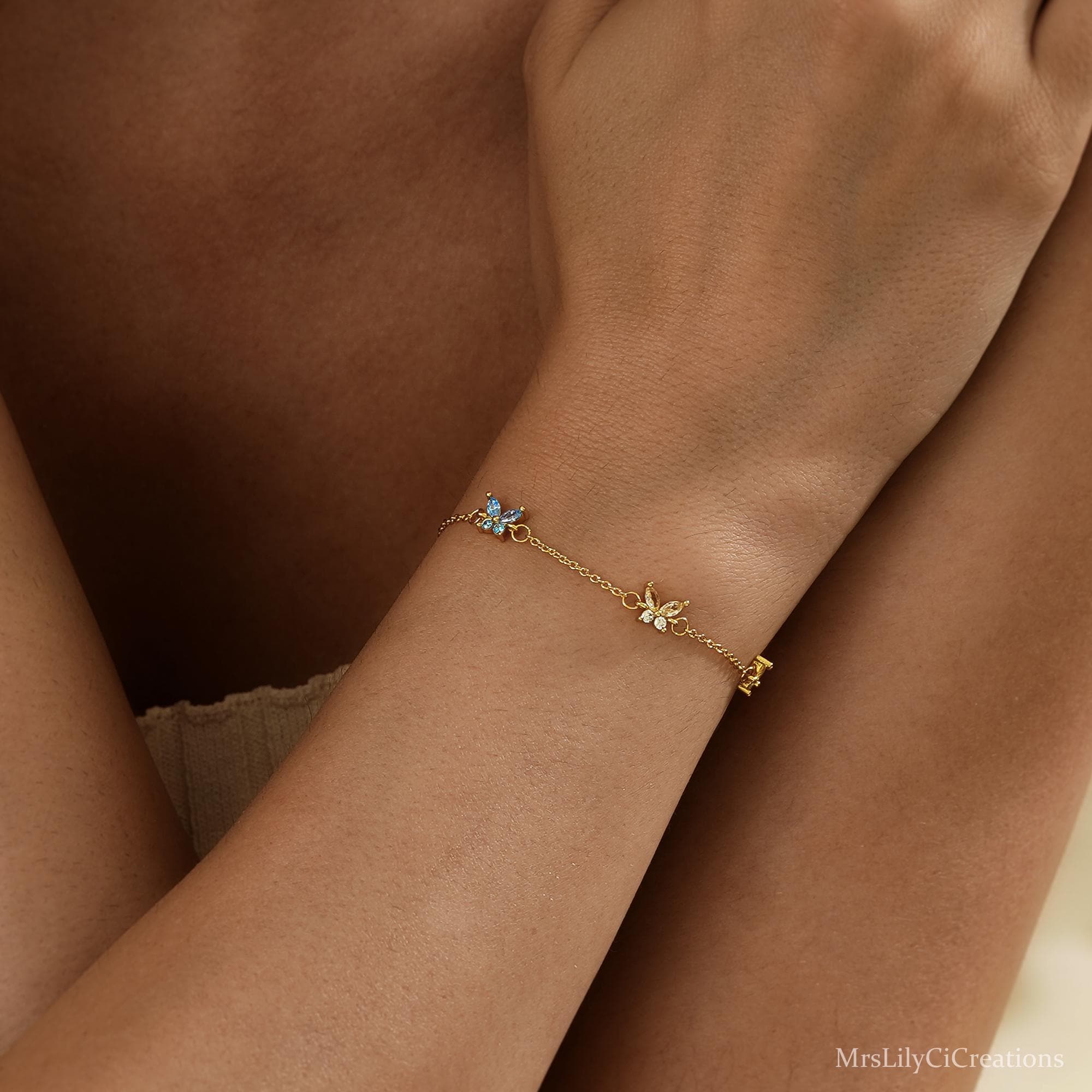 Custom Butterfly Birthstone Bracelet in Silver or 18K Gold Plate