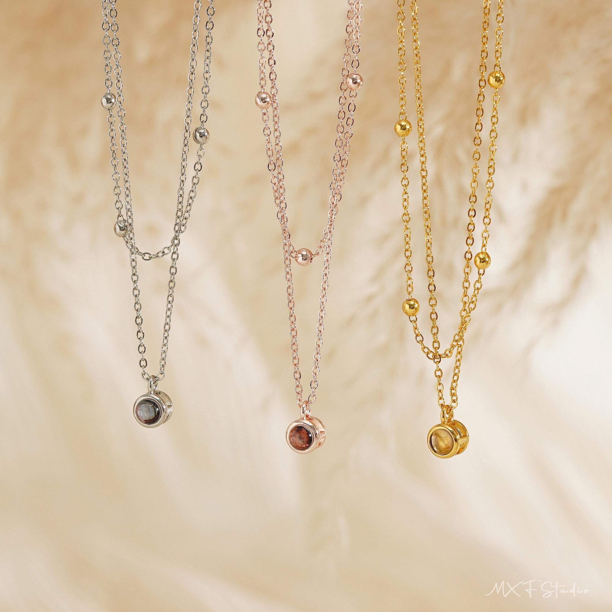Double Chain Photo Projection Necklace with Layered Copper Pendant