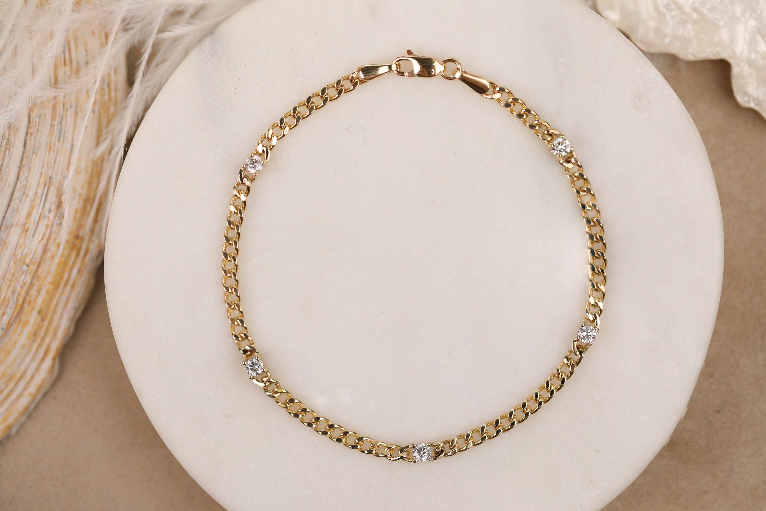 14K Gold Cuban Link Bracelet with Five Sectioned Natural Diamonds