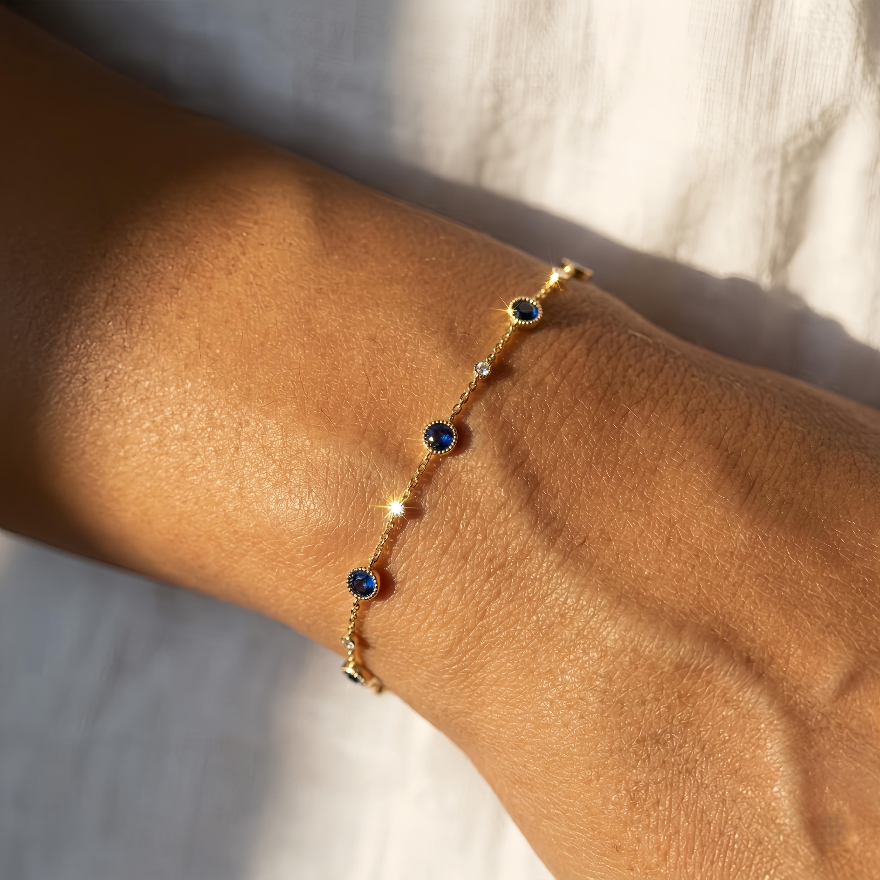 14K Gold Filled Blue Sapphire Station Bracelet, September Birthstone