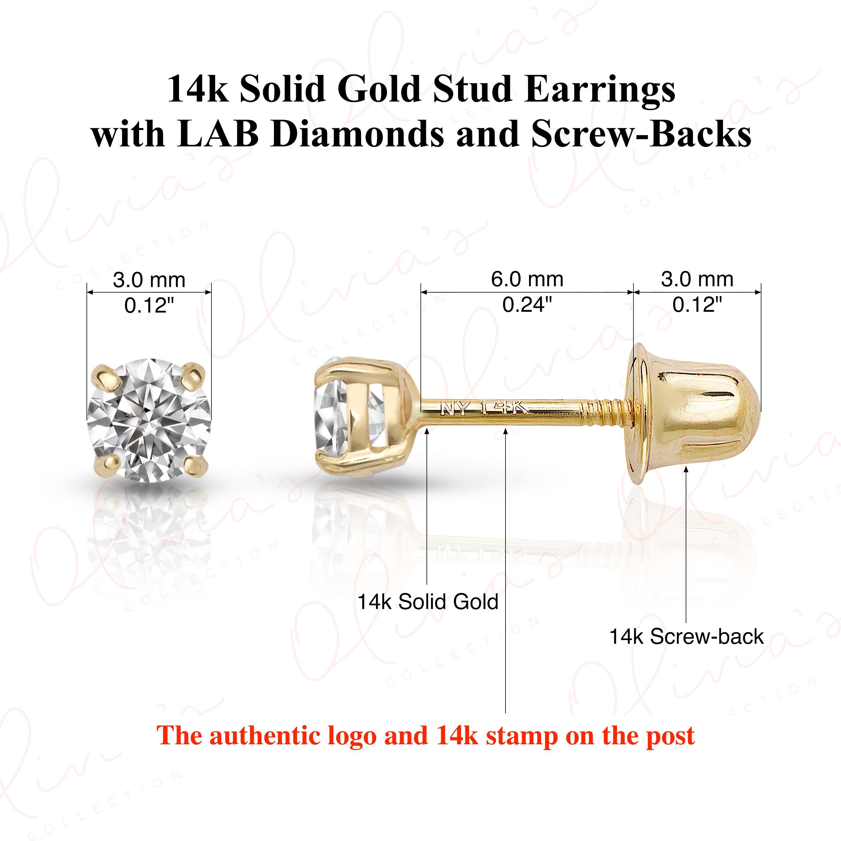 14K Solid Gold Lab-Grown Diamond Stud Earrings with Screw Backs, White or Yellow