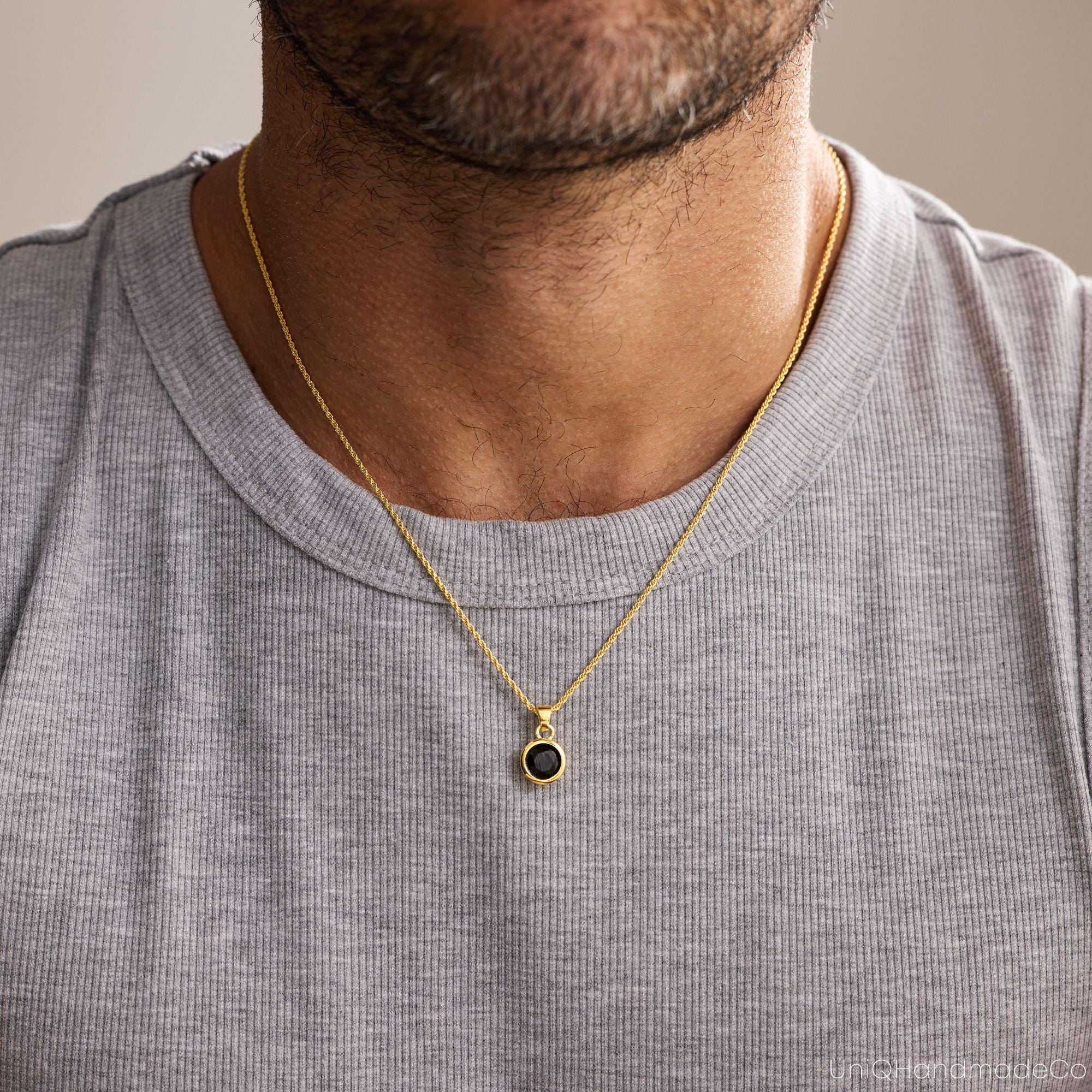 Men's Birthstone Necklace with Black Onyx or Tiger Eye on a Curb Chain