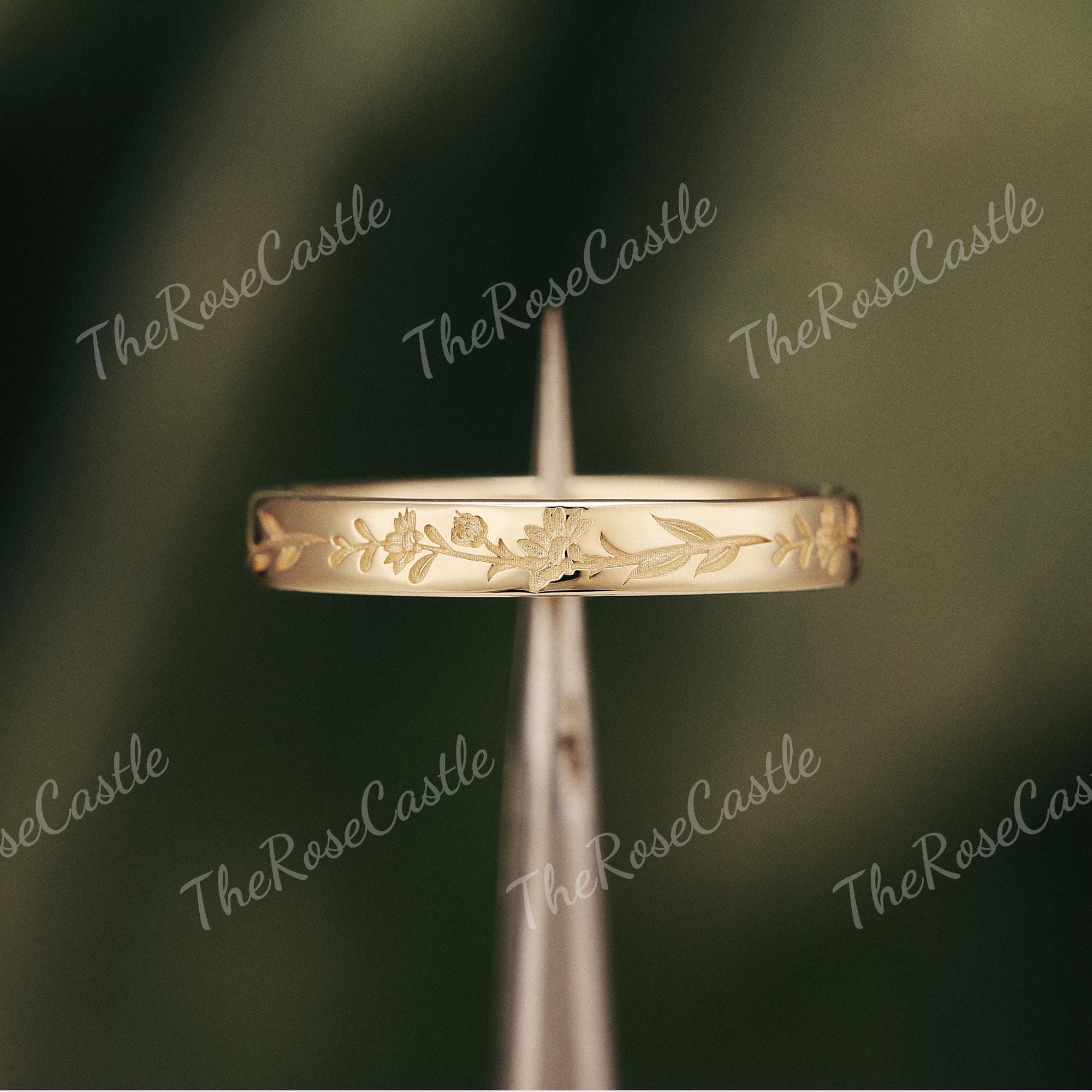 Hand-Engraved Birth Flower Wedding Band, 3mm Art Deco