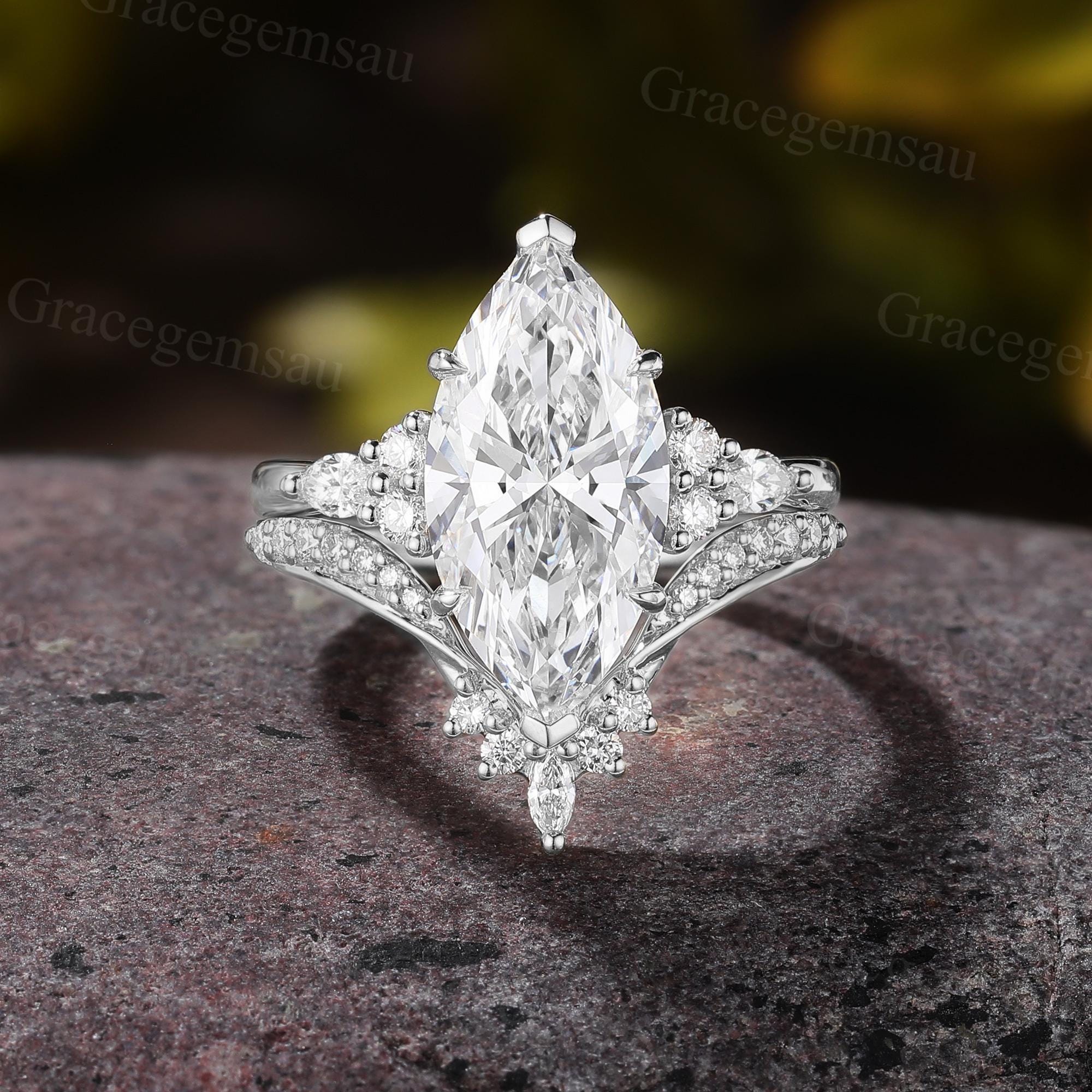 Marquise Lab Grown Diamond Bridal Set, Cluster Prong Filigree