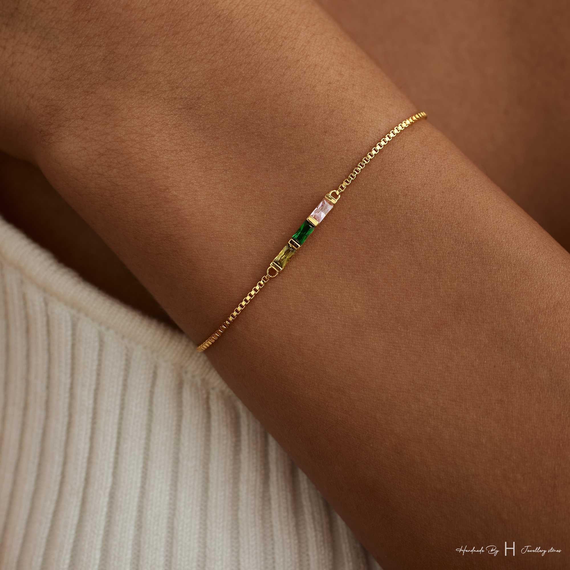 Custom Baguette Birthstone Bracelet in Rose Gold or Silver Plated Copper