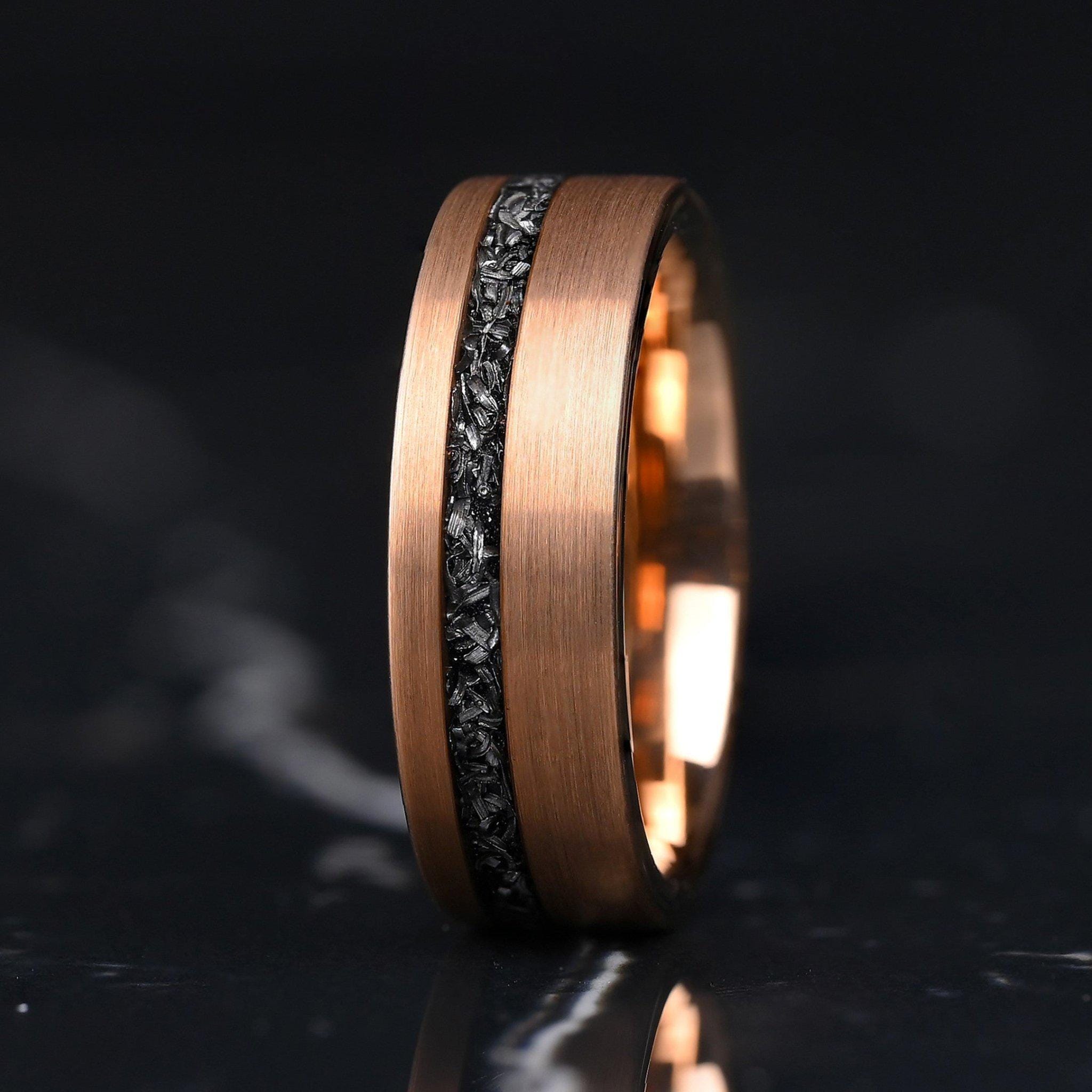 Hammered Meteorite Tungsten Couple Ring Set, 8mm and 4mm