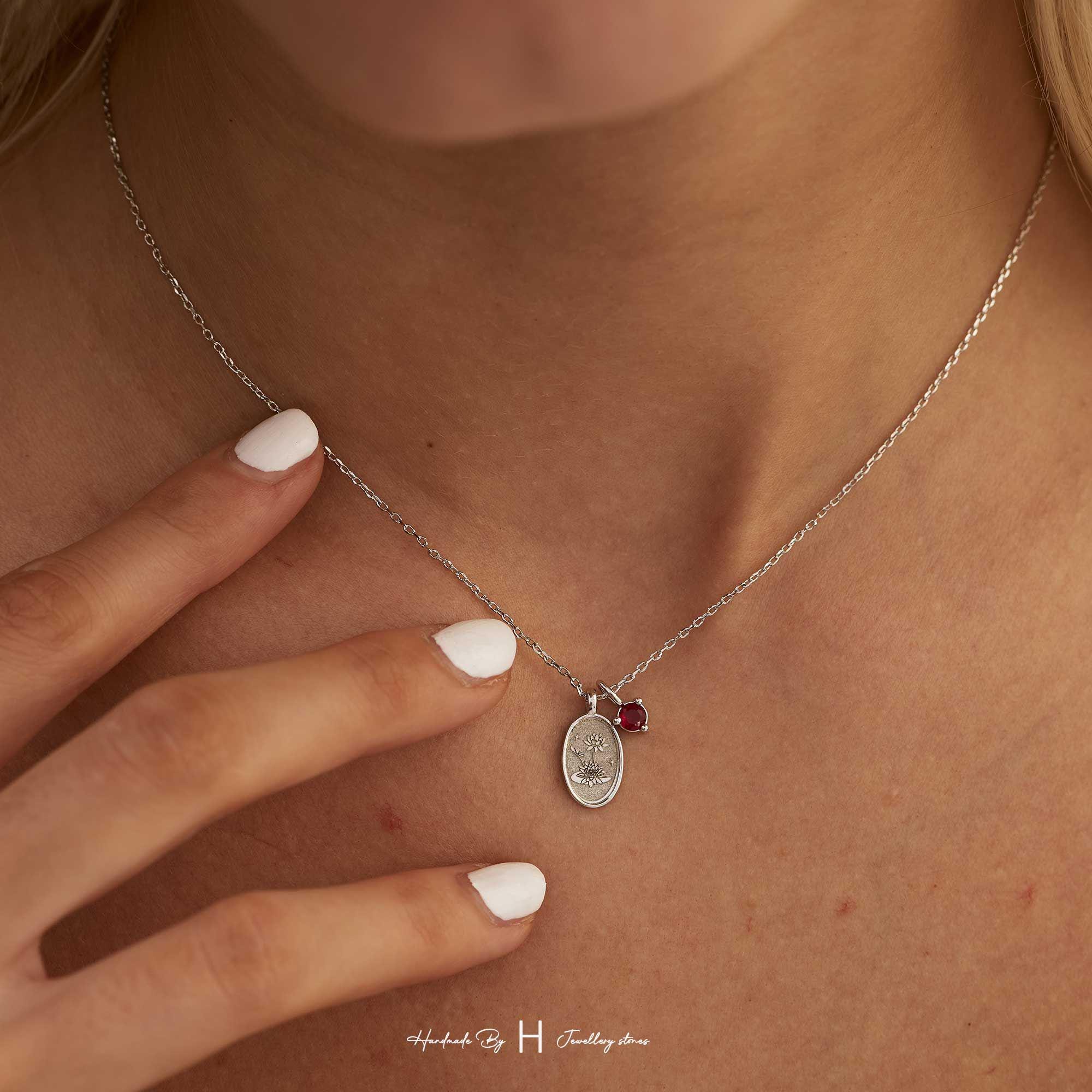 Engraved Birth Flower and Birthstone Necklace