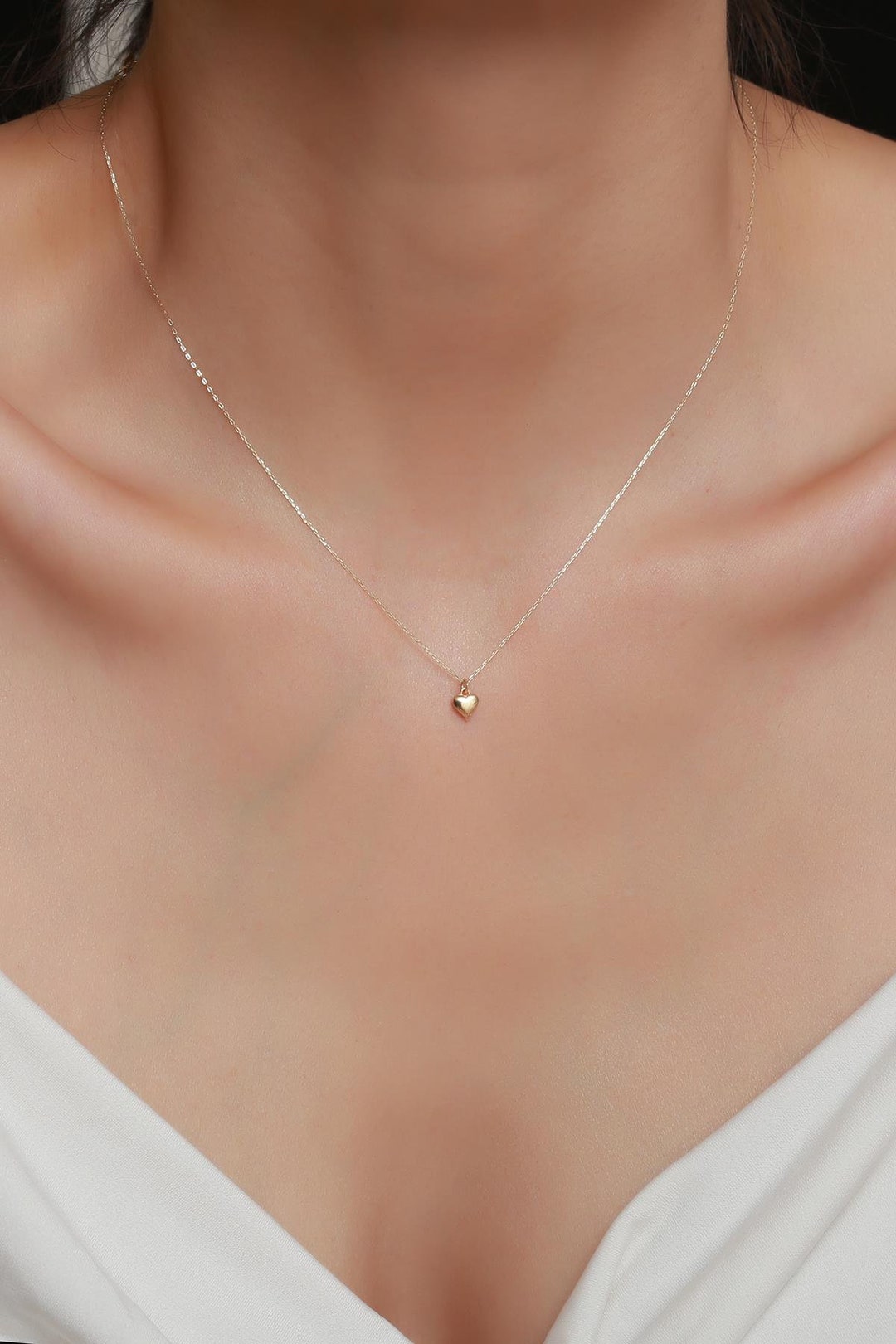 14K Solid Gold Dainty Heart Necklace with Minimalist Love Pendant