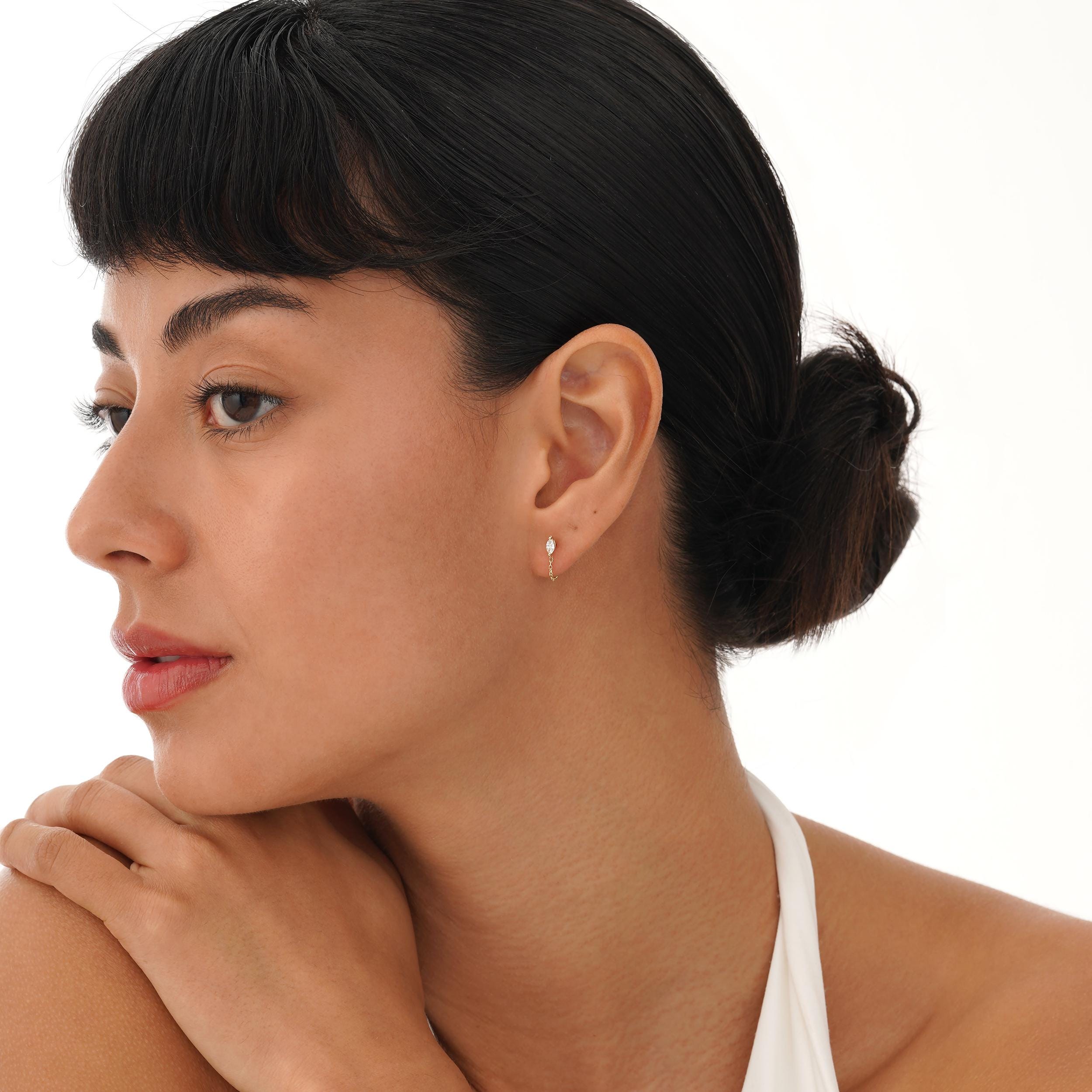 Marquise Diamond Chain Earrings in Solid 10K, 14K or 18K Gold