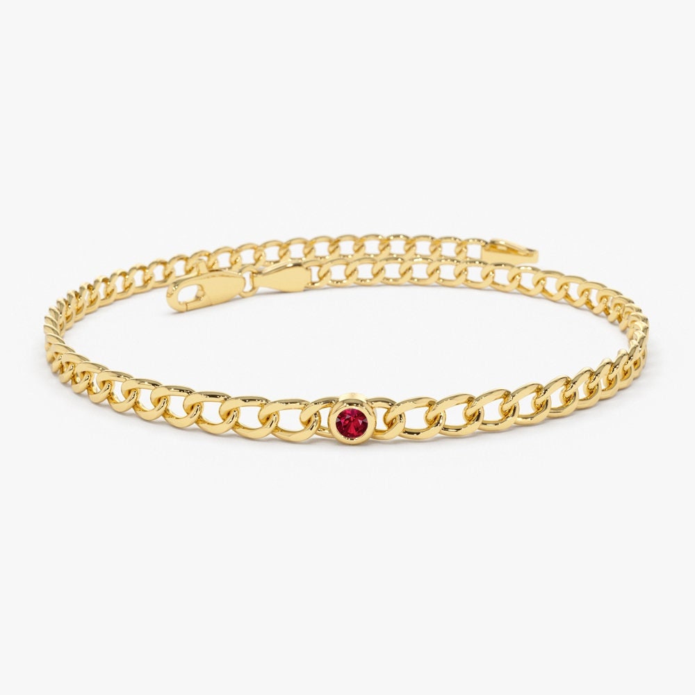 Ruby Bracelet, 14K Gold 3MM Miami Curb Link Chain with Bezel Set Ruby